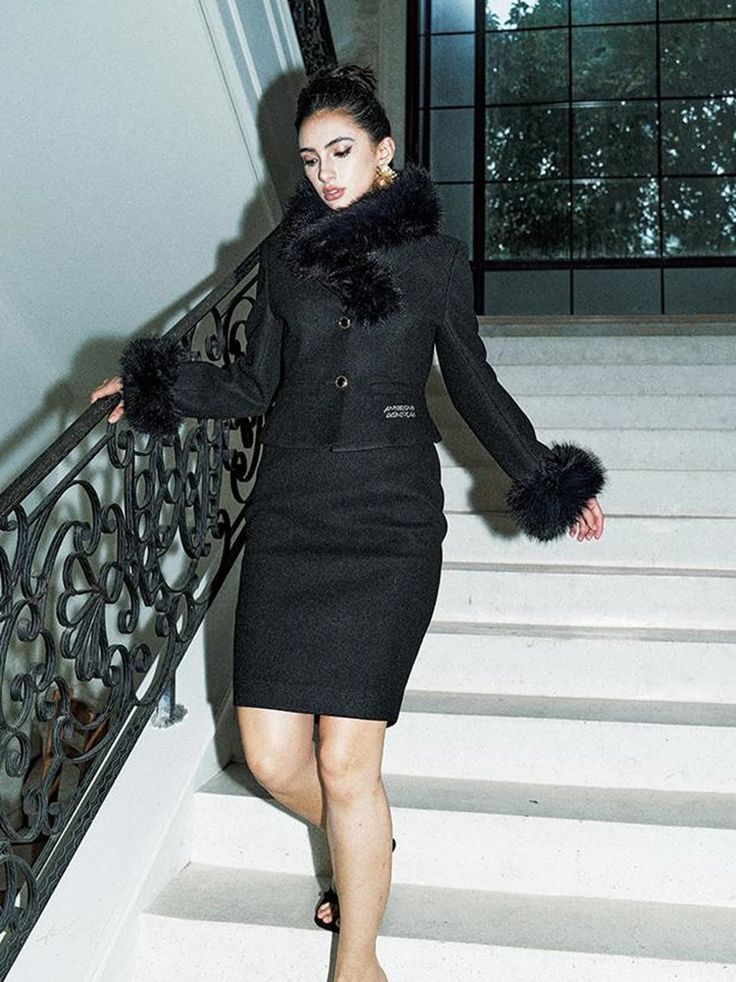 Detachable Faux Fur Collar Tweed Suit Set V Neck T Shirt Long Sleeve