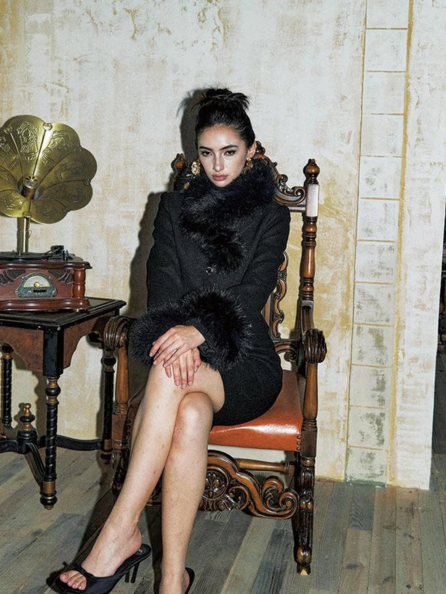 Detachable Faux Fur Collar Tweed Suit Set V Neck T Shirt Long Sleeve