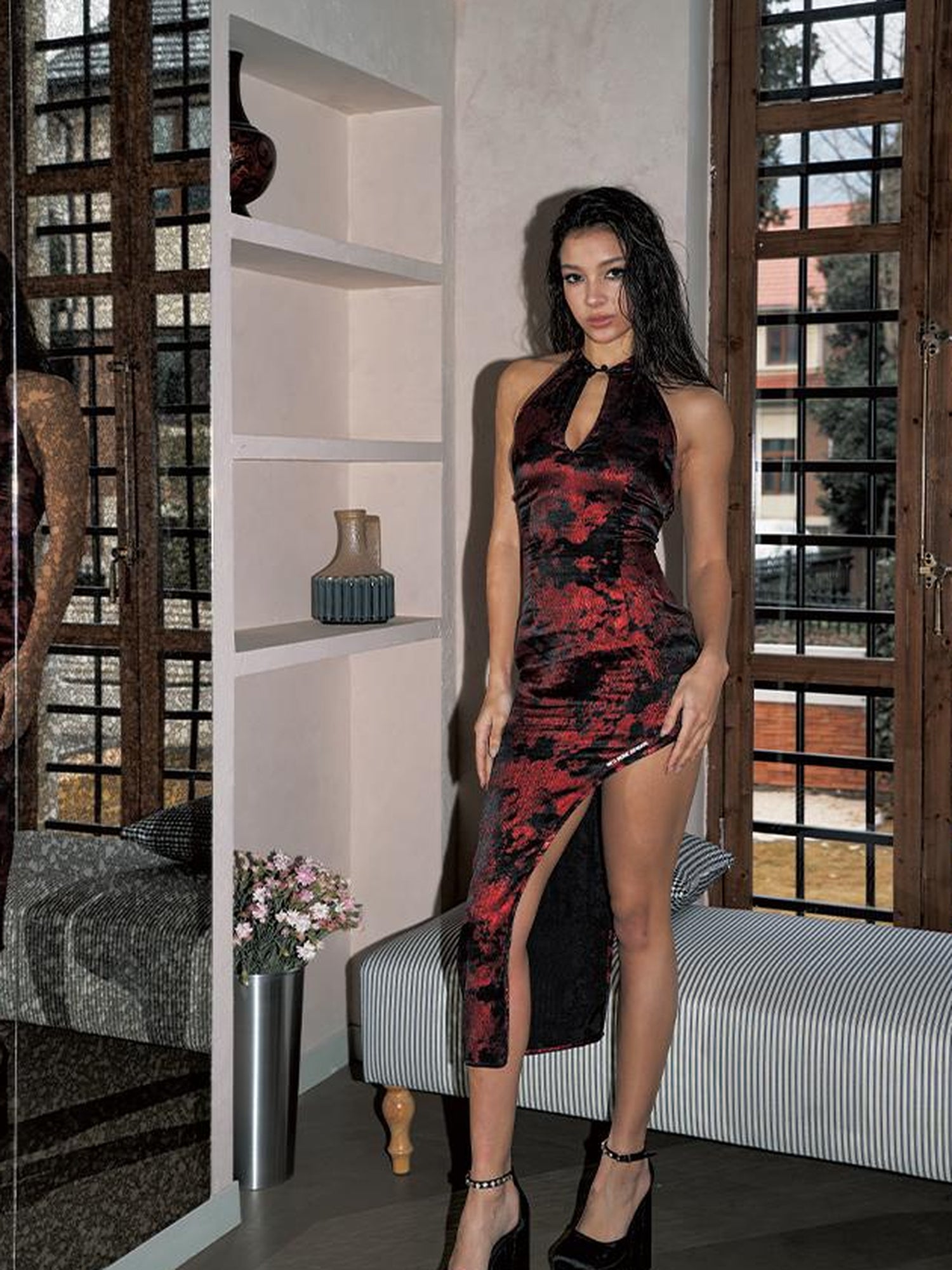 Update Anti Being General Lace Cutout Mandarin Collar Slant Hem Qipao Dress