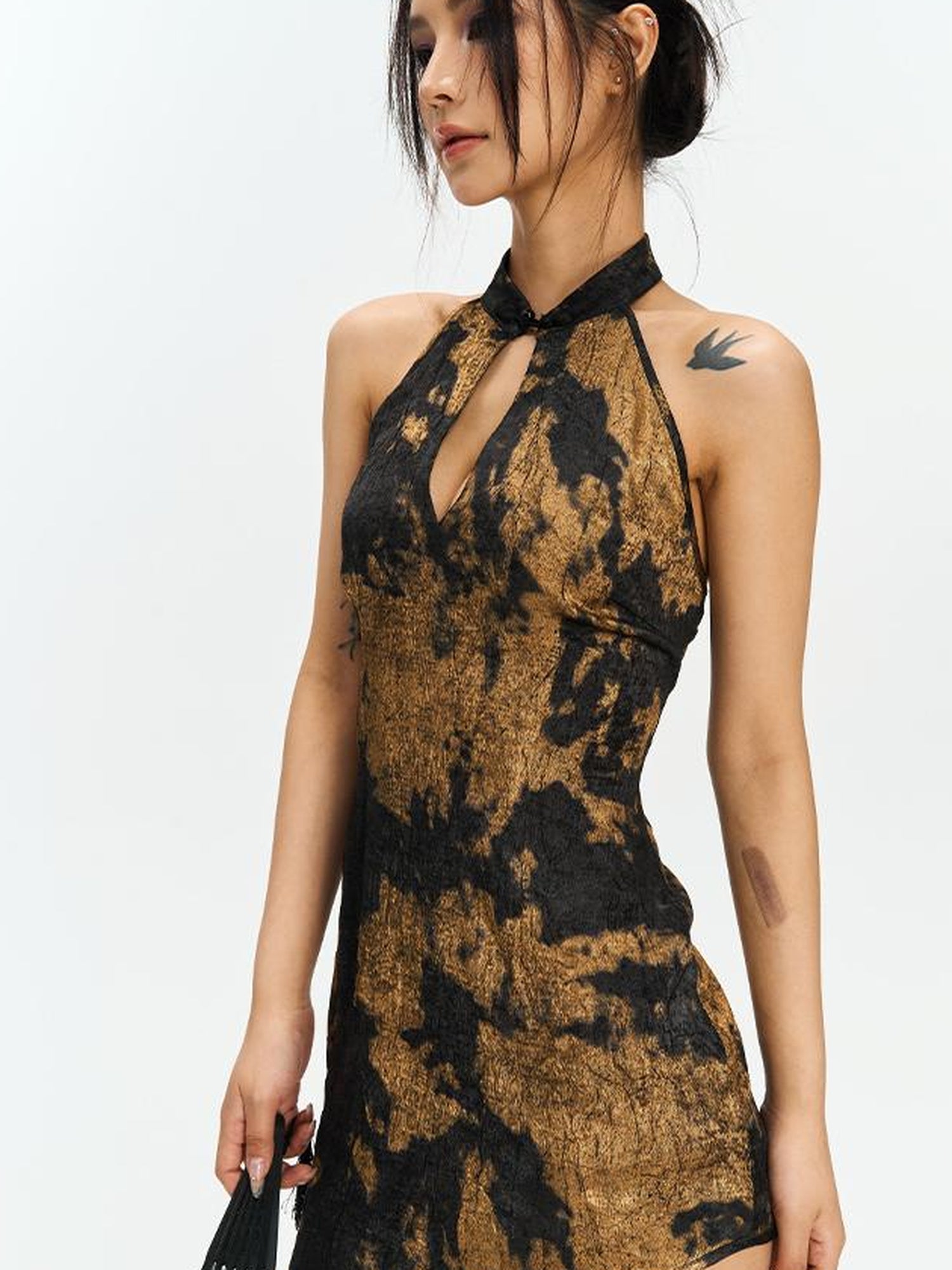 Update Anti Being General Lace Cutout Mandarin Collar Slant Hem Qipao Dress