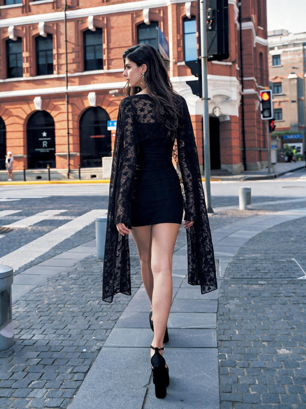 Anti Being General Lace Ruched Cape Square Neck Long Sleeve Women&