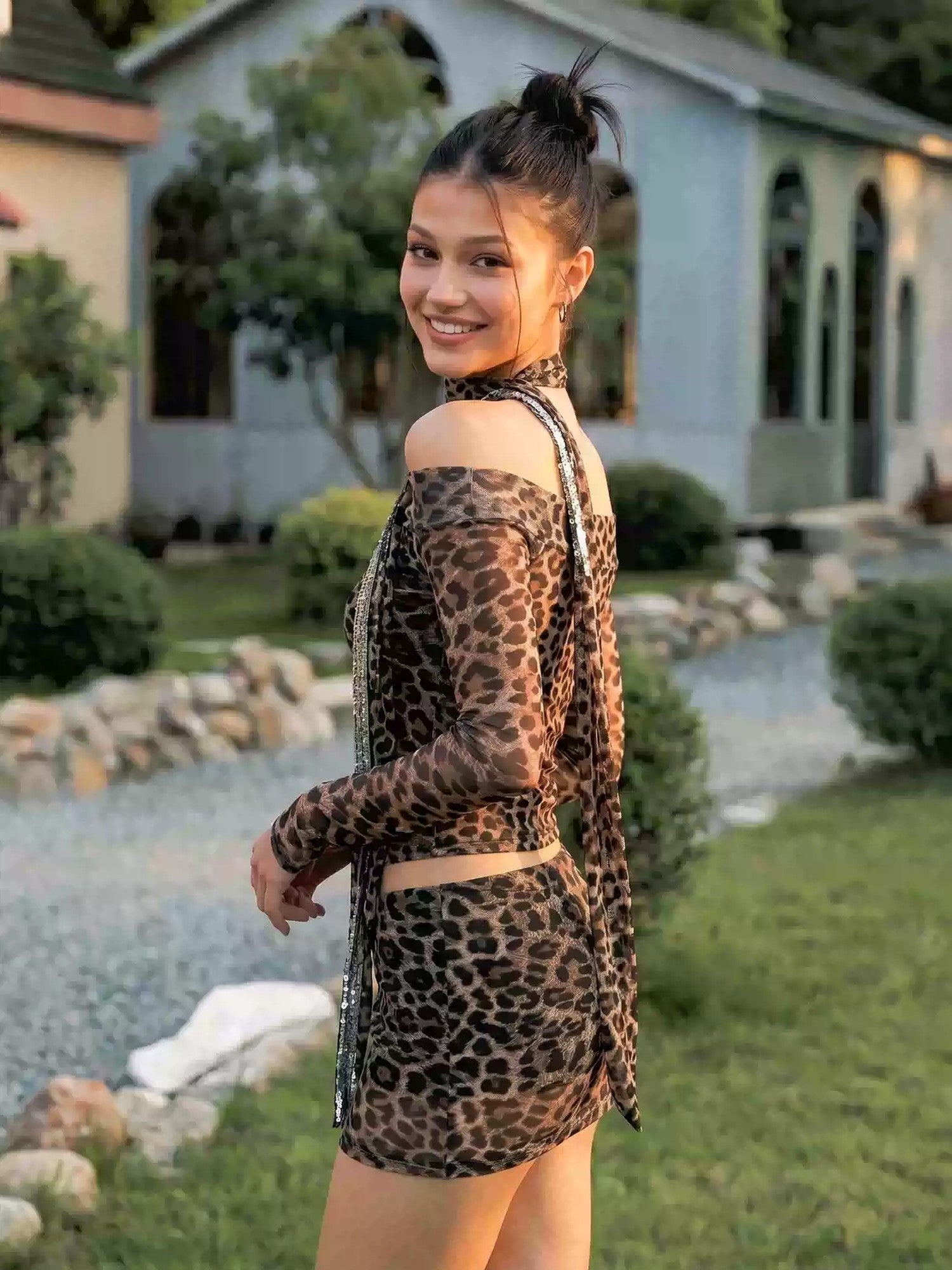 Anti Being General Leopard Mesh Off Shoulder Long Sleeve Women&