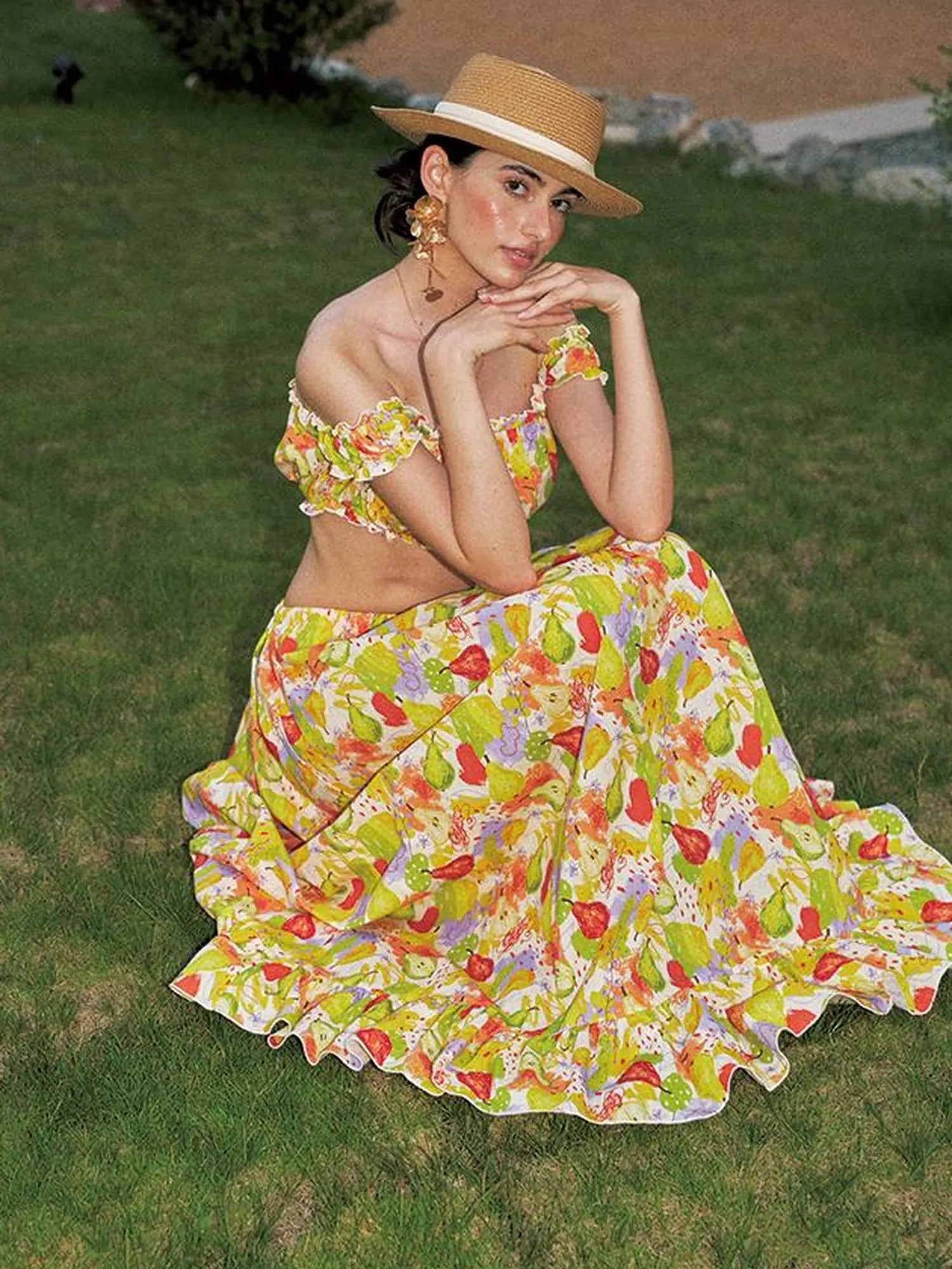 One Shoulder Floral Print Resort Maxi Dress Set