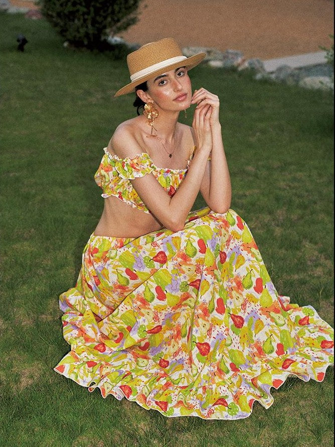 Anti Being General Printed Off Shoulder Tube Top Long Dress Cotton Women&