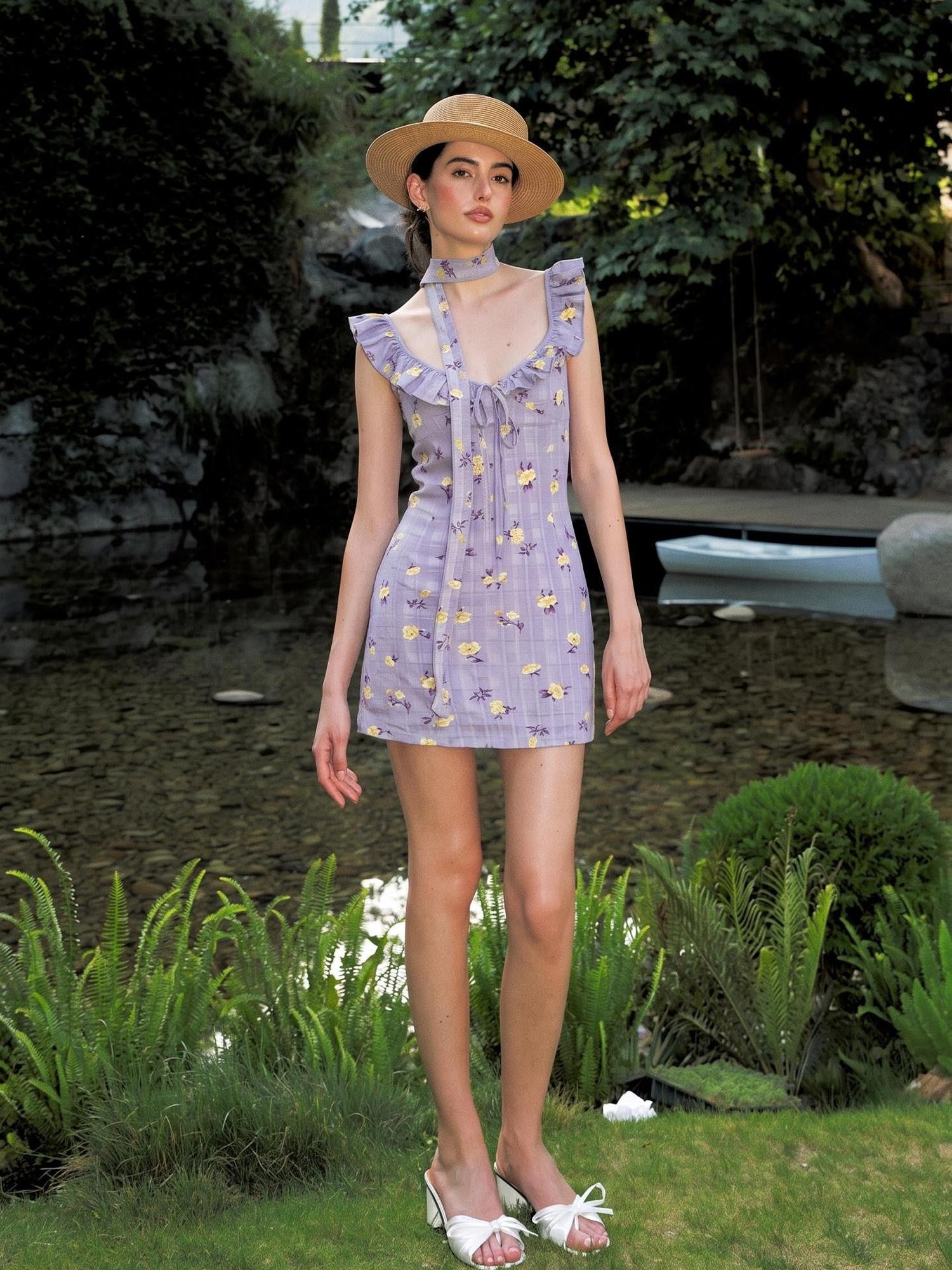 Anti Being General Purple Floral Flutter Sleeve Button Front Women&