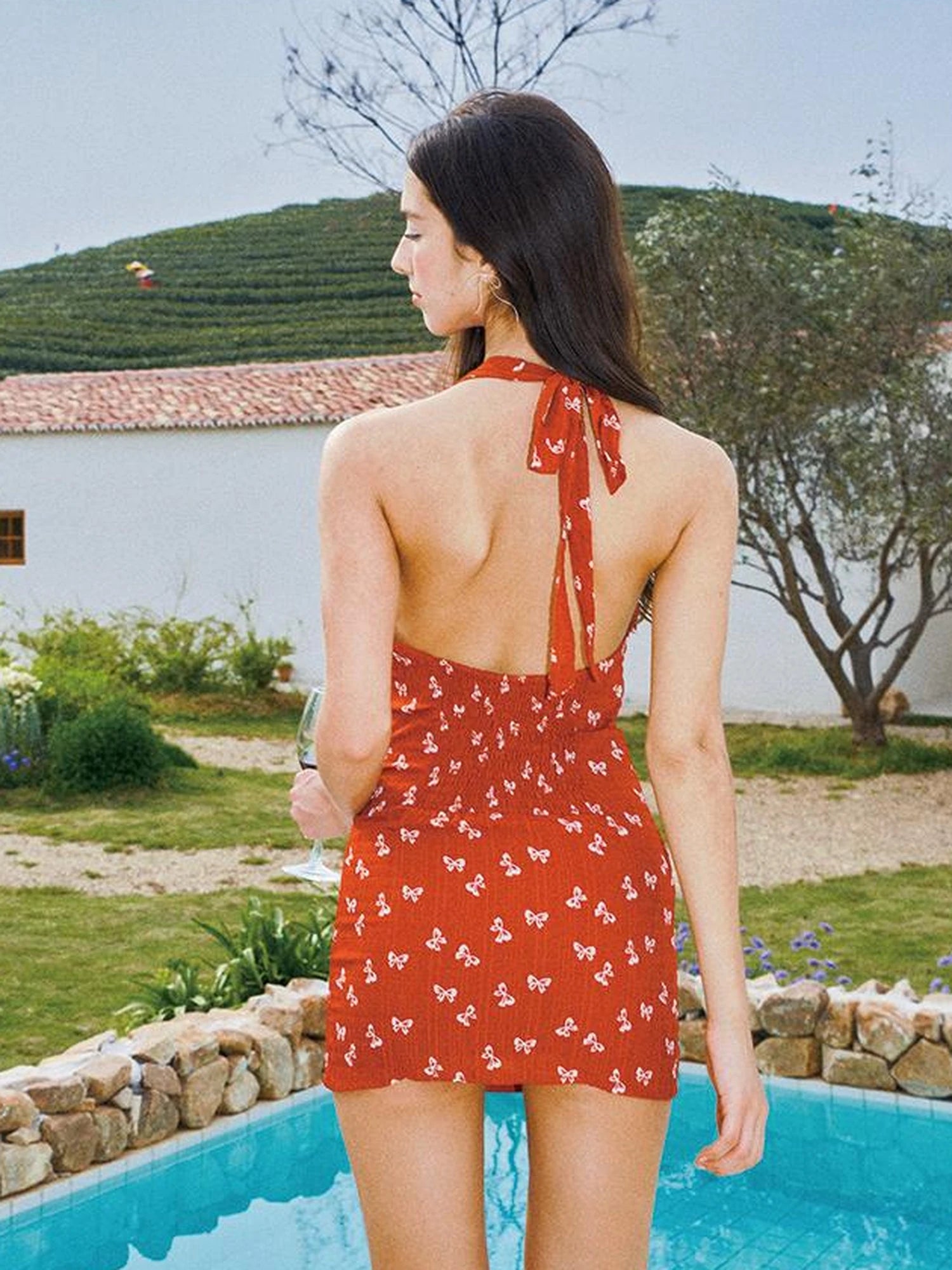 Red Bow V-Neck Sleeveless Halter Dress