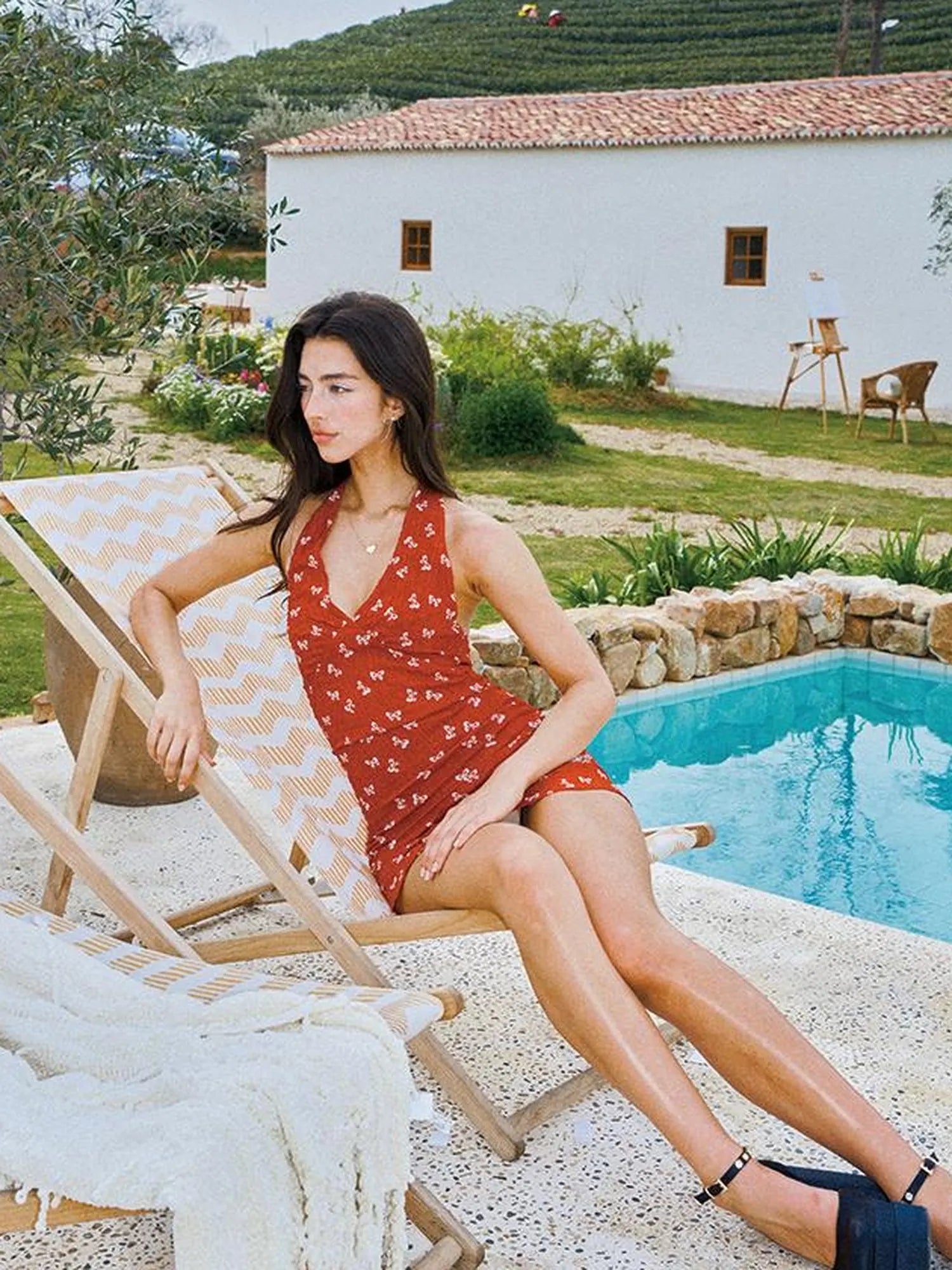 Red Bow V-Neck Sleeveless Halter Dress