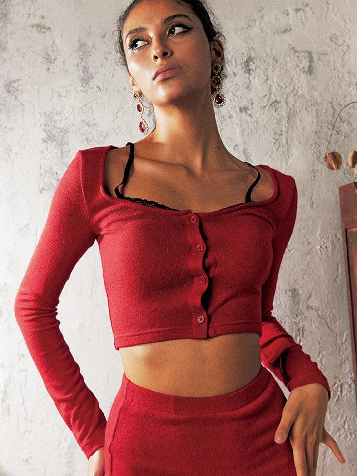 Red Lace Long Sleeve Knit With Asymmetric Pencil Skirt Set