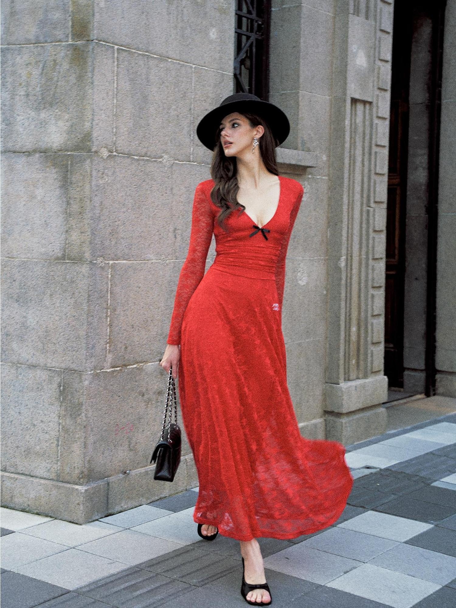 Anti Being General Red Lace Splice Deep V Long Sleeve Women&