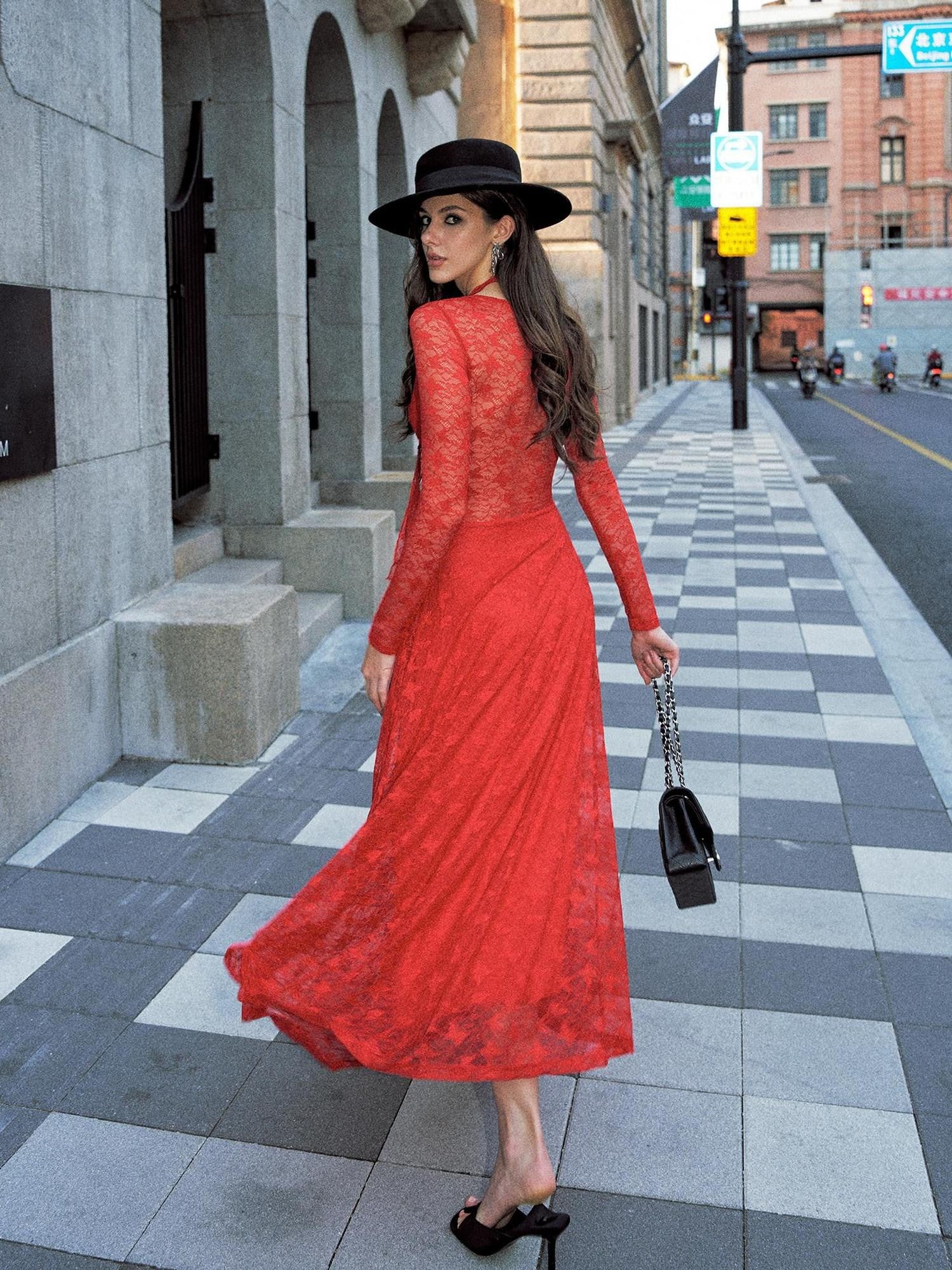 Anti Being General Red Lace Splice Deep V Long Sleeve Women&