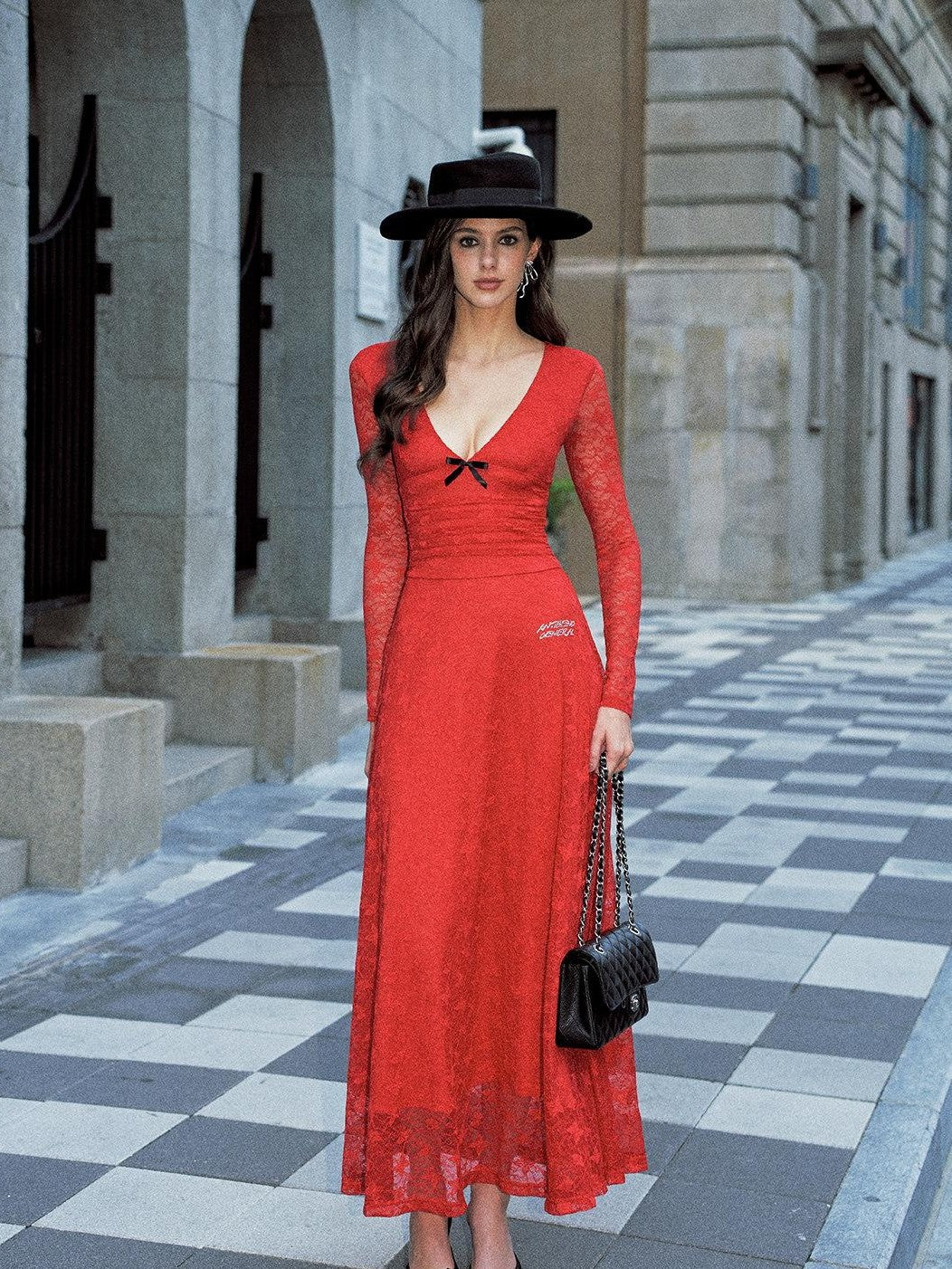Anti Being General Red Lace Splice Deep V Long Sleeve Women&