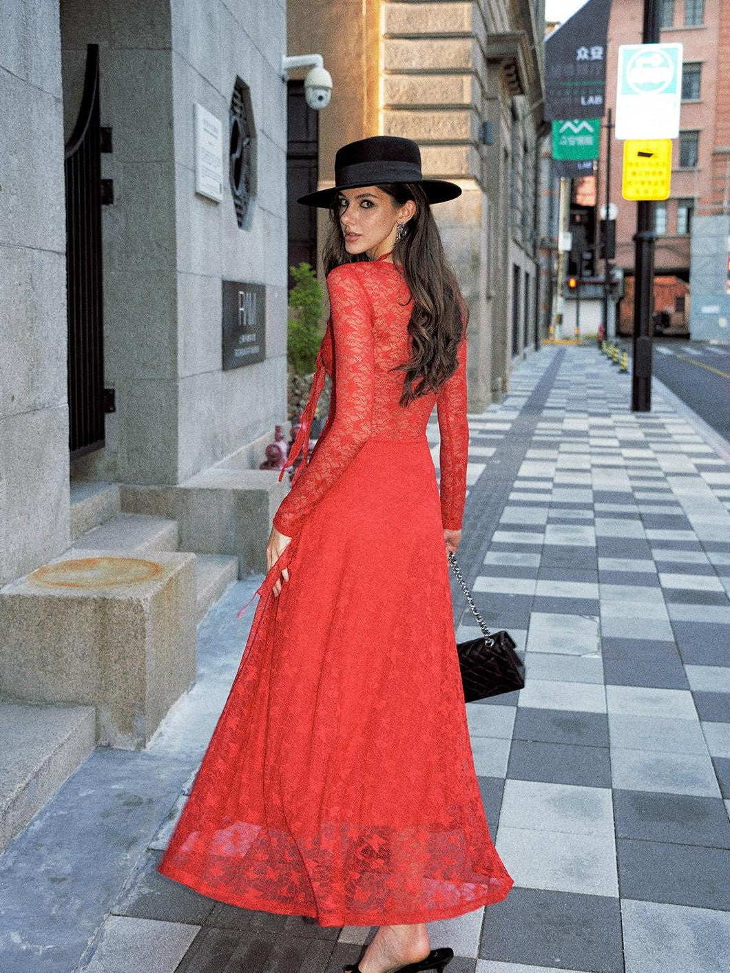 Anti Being General Red Lace Splice Deep V Long Sleeve Women&