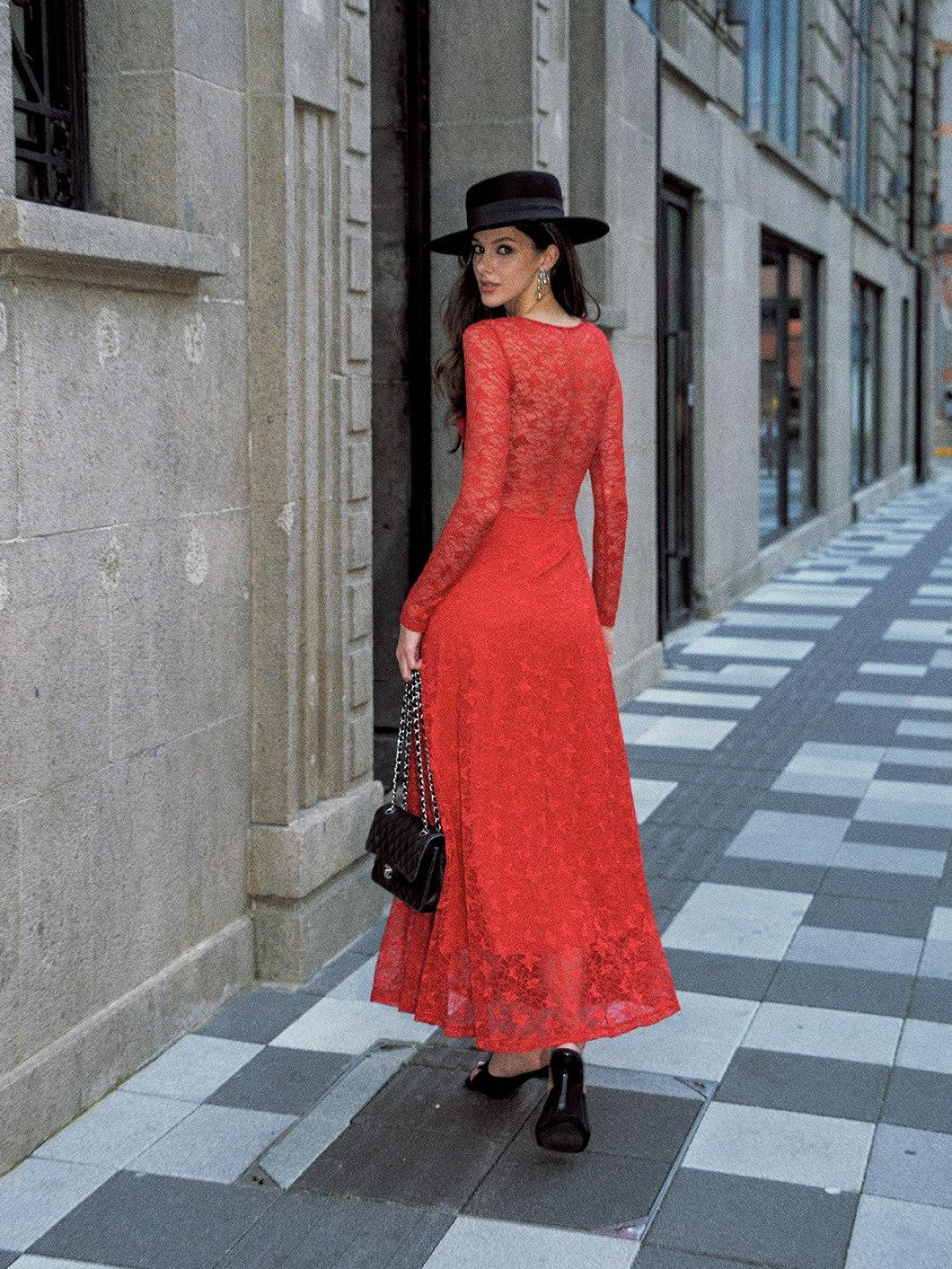 Anti Being General Red Lace Splice Deep V Long Sleeve Women&