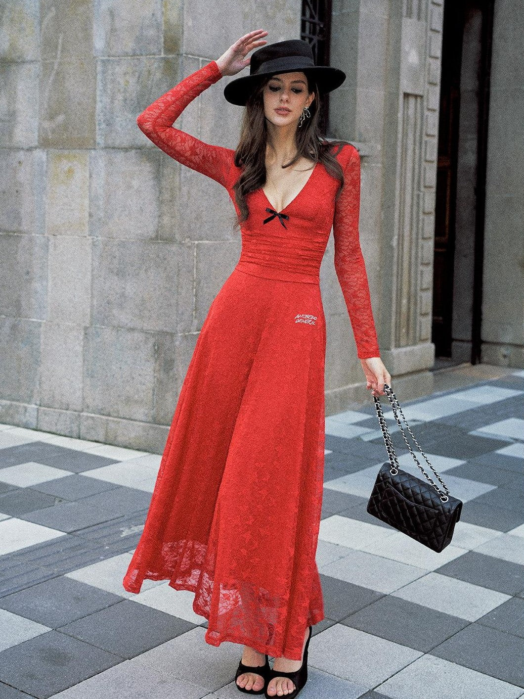 Anti Being General Red Lace Splice Deep V Long Sleeve Women&