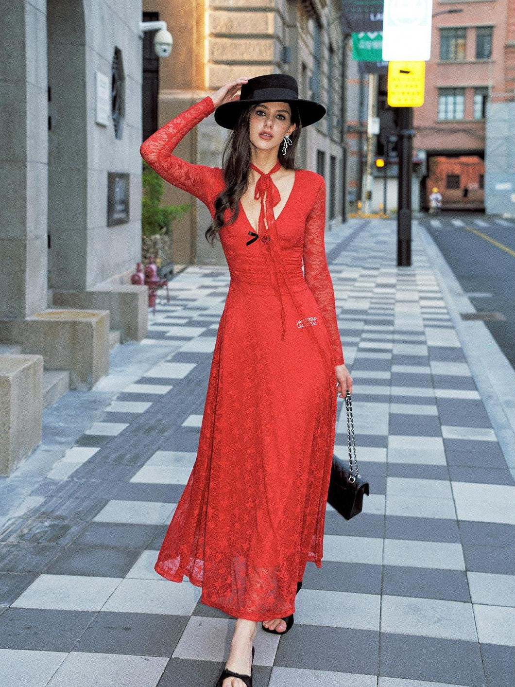 Anti Being General Red Lace Splice Deep V Long Sleeve Women&
