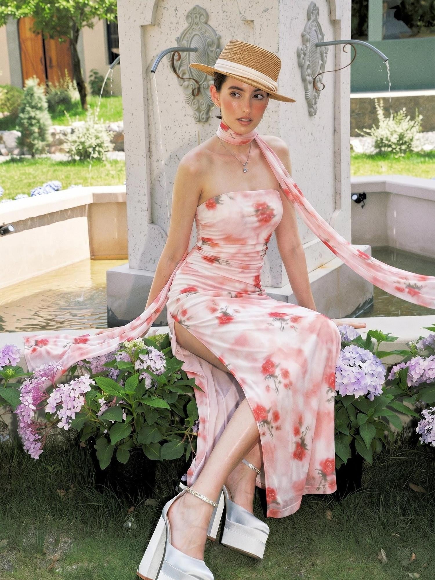 Anti Being General Rose Print Sheer Mesh Slit Women&