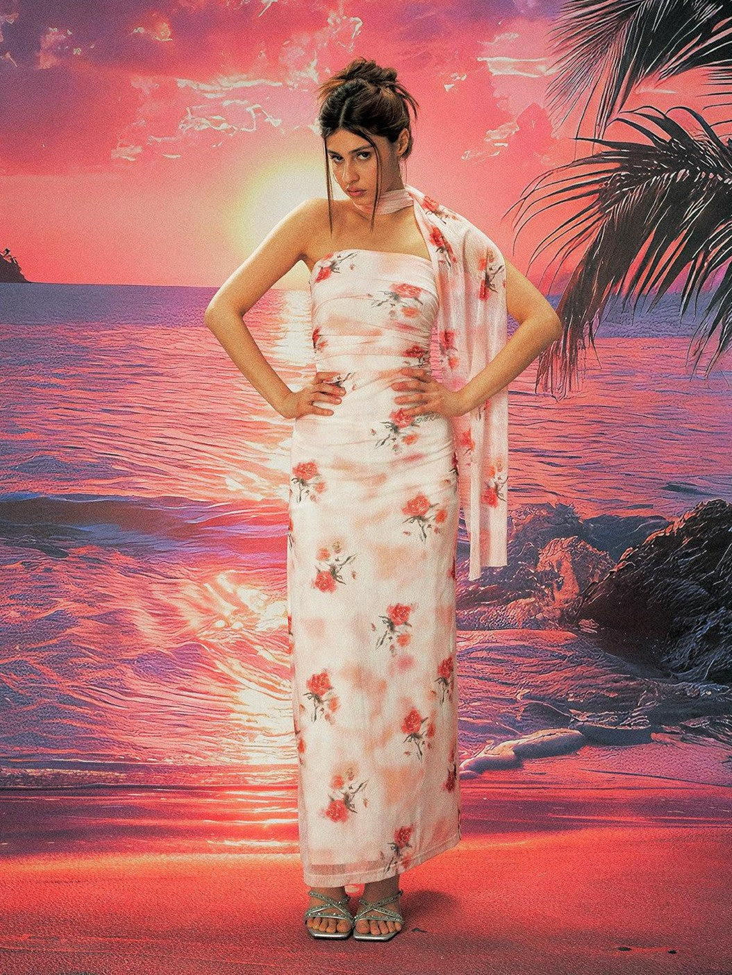 Anti Being General Rose Print Sheer Mesh Slit Women&