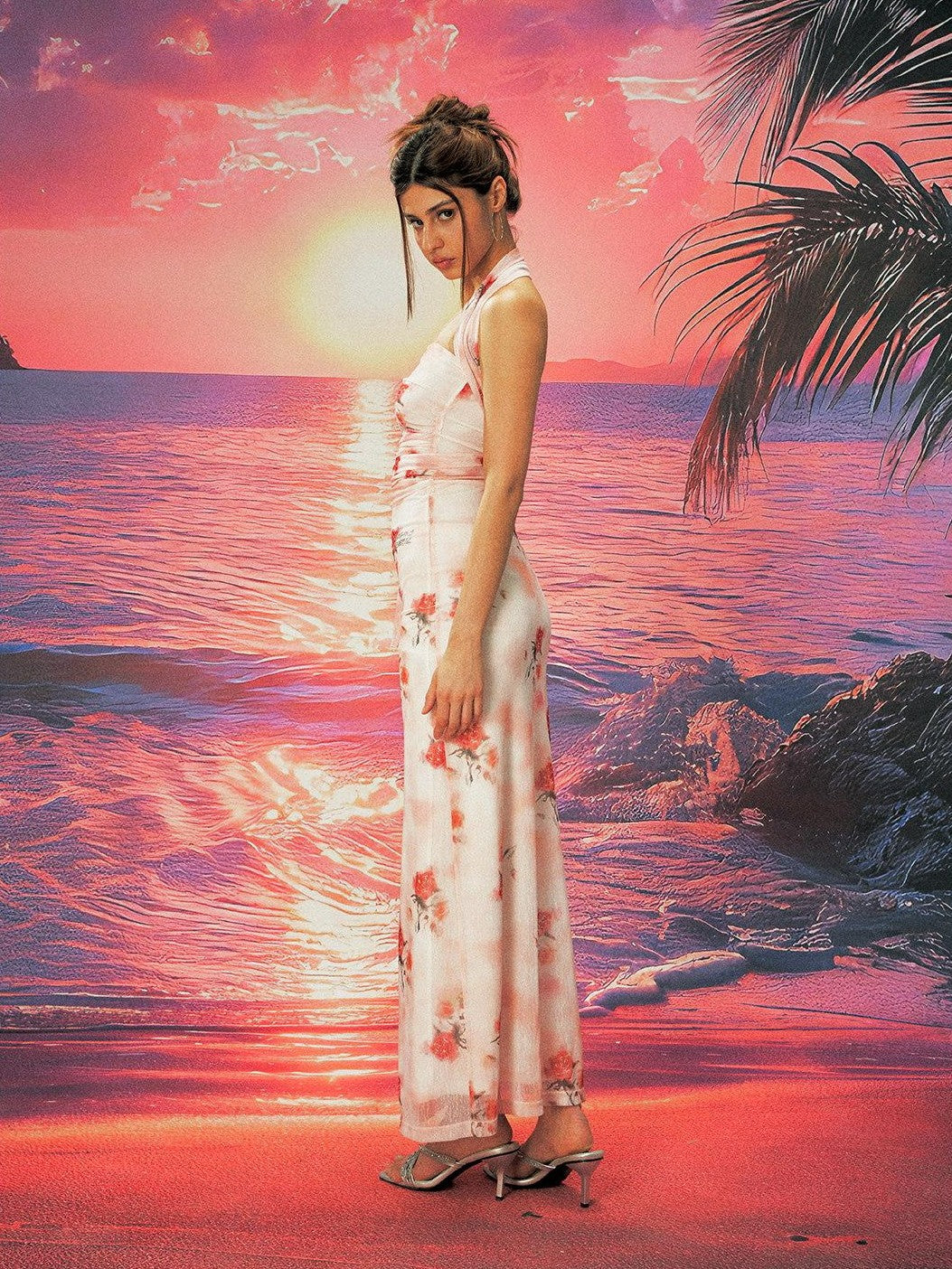 Anti Being General Rose Print Sheer Mesh Slit Women&