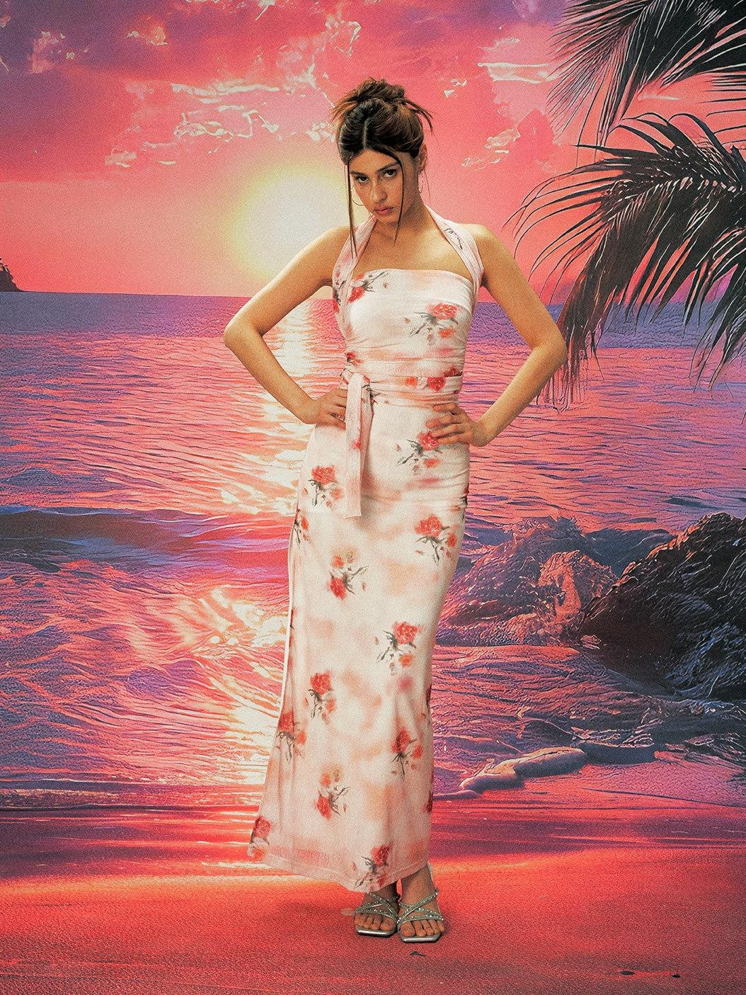 Anti Being General Rose Print Sheer Mesh Slit Women&