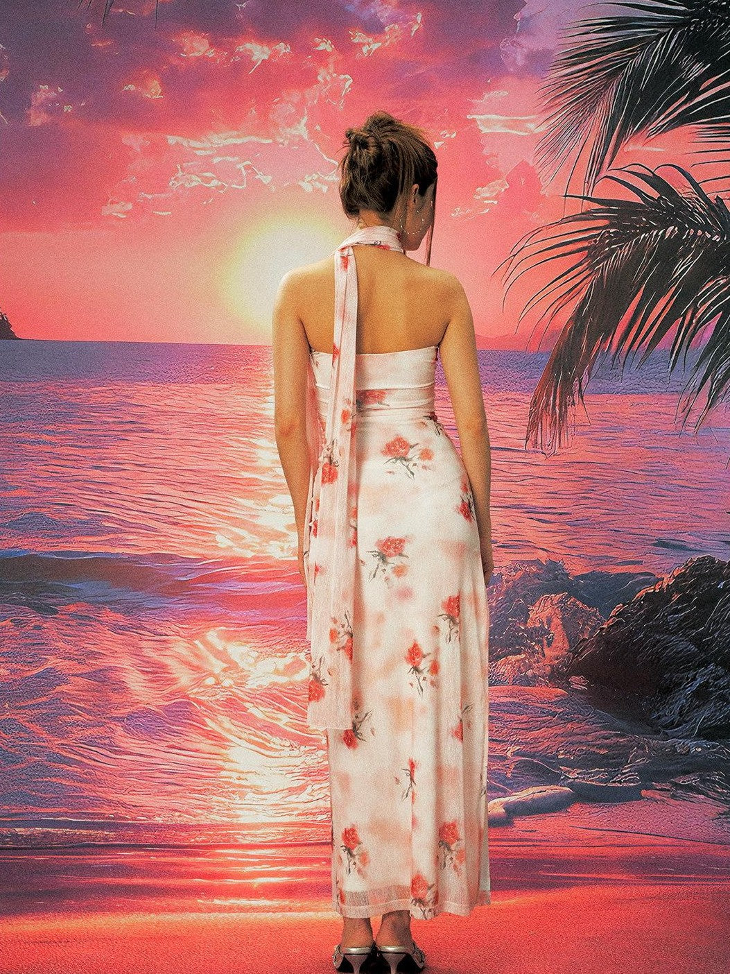 Anti Being General Rose Print Sheer Mesh Slit Women&