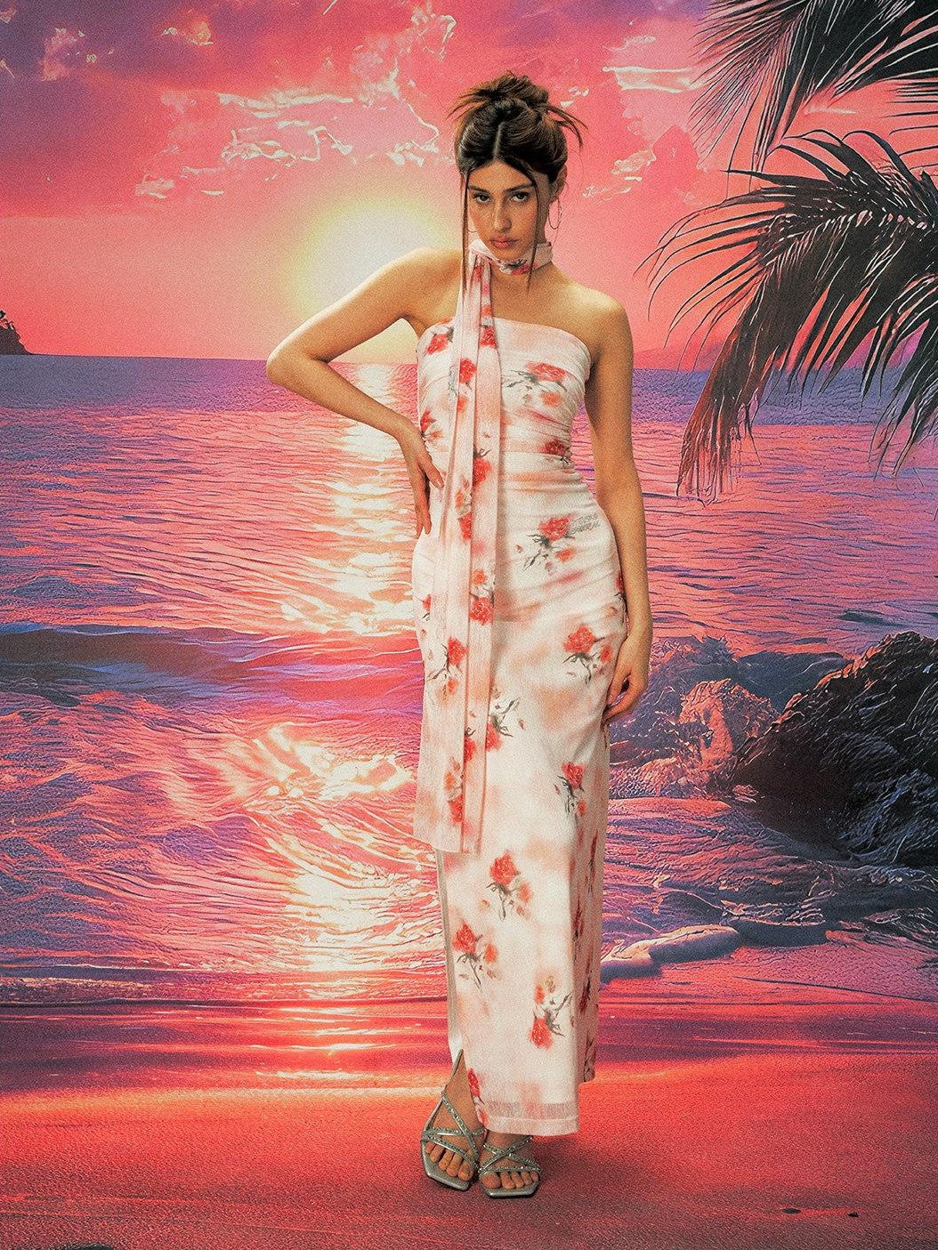 Anti Being General Rose Print Sheer Mesh Slit Women&