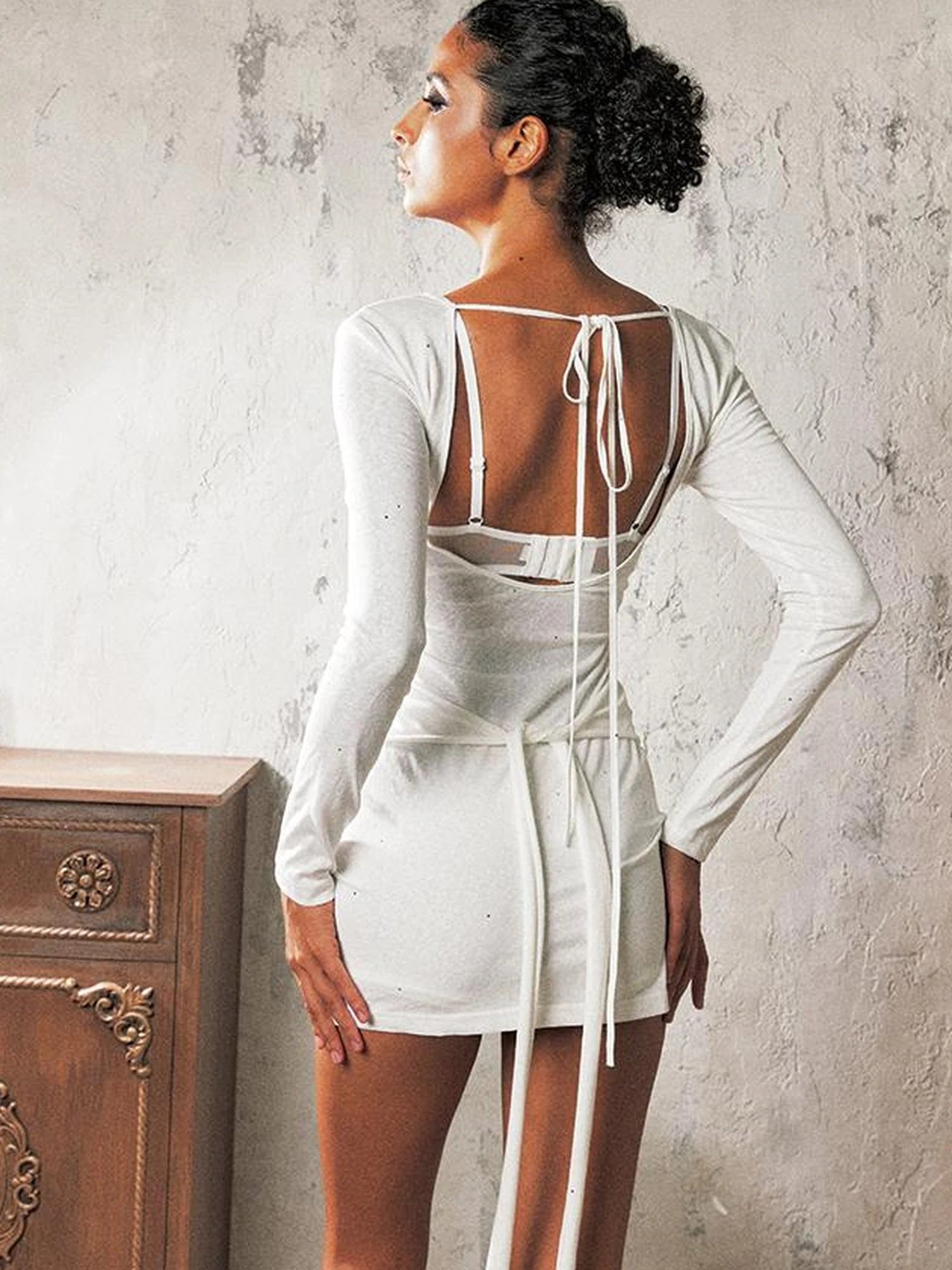 Sculpted Knit Mini Dress V-Neck T-Shirt Long-Sleeve