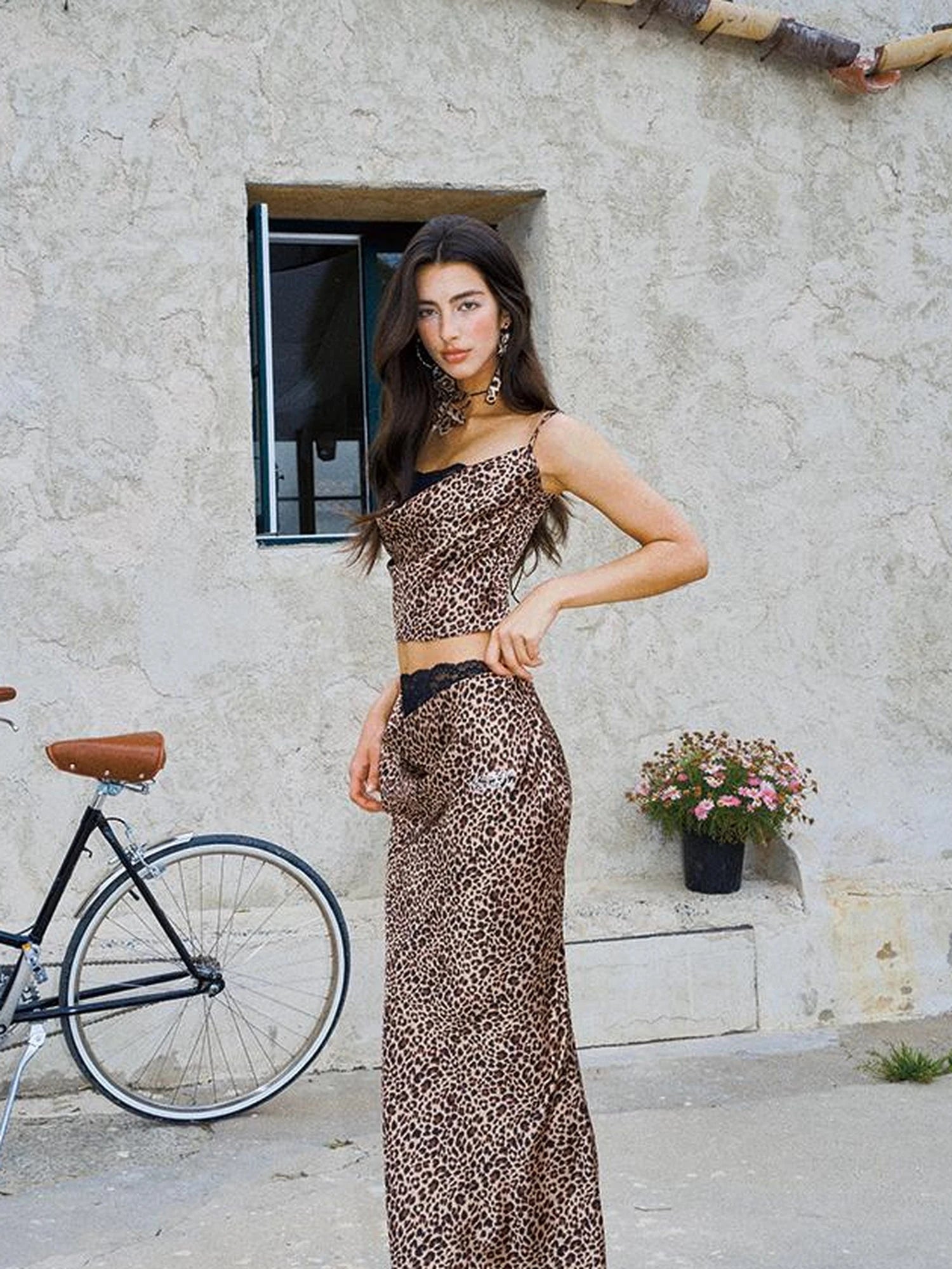 Leopard Print Lace Trimmed Slip Dress Set with Draped Neckline