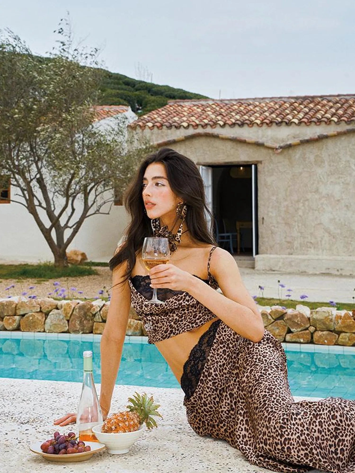 Leopard Print Lace Trimmed Slip Dress Set with Draped Neckline