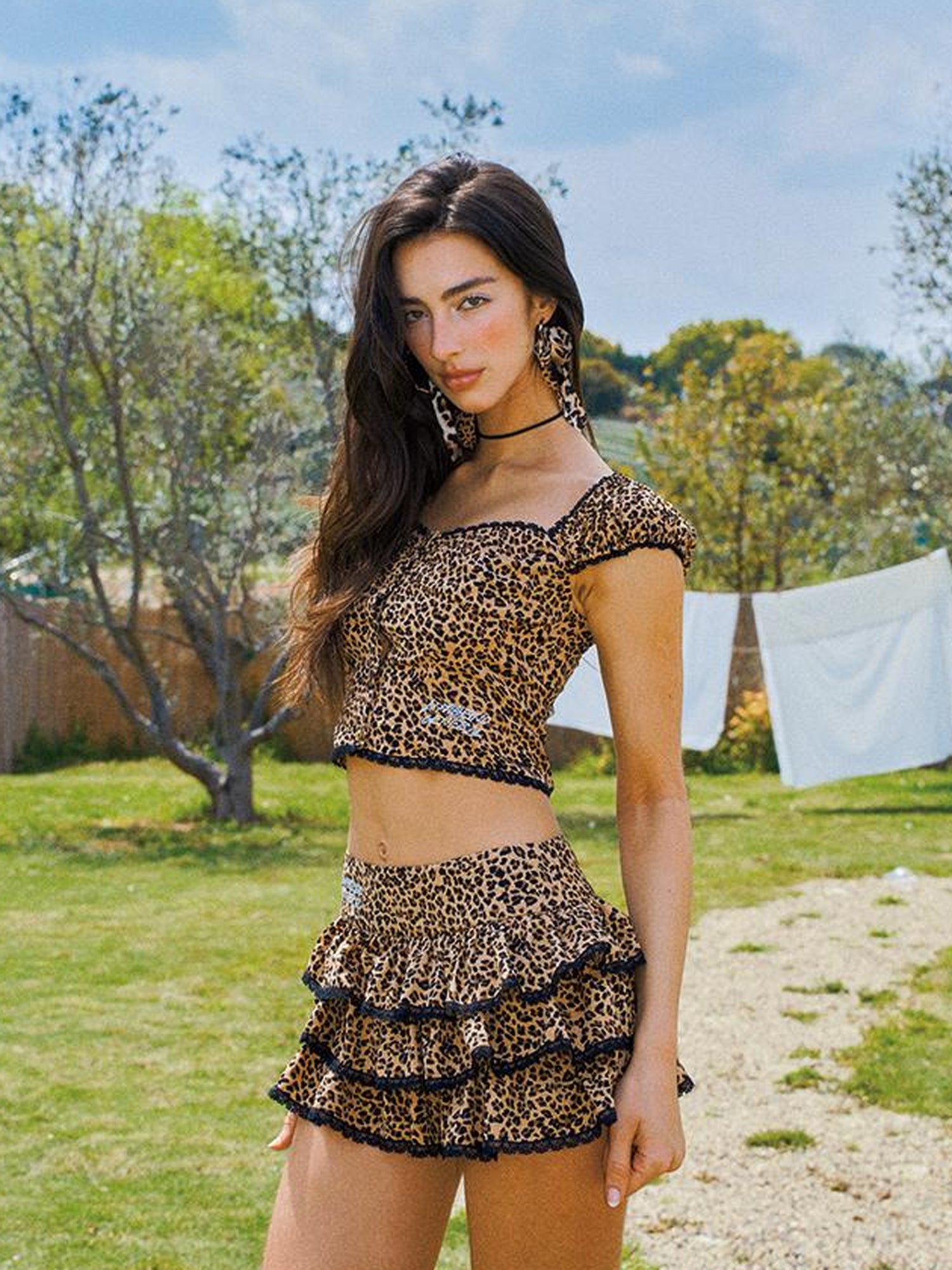 Update Anti Being General Sexy Retro Leopard Print Backless V-neck T-shirt Long-Sleeve Cake Dress Set