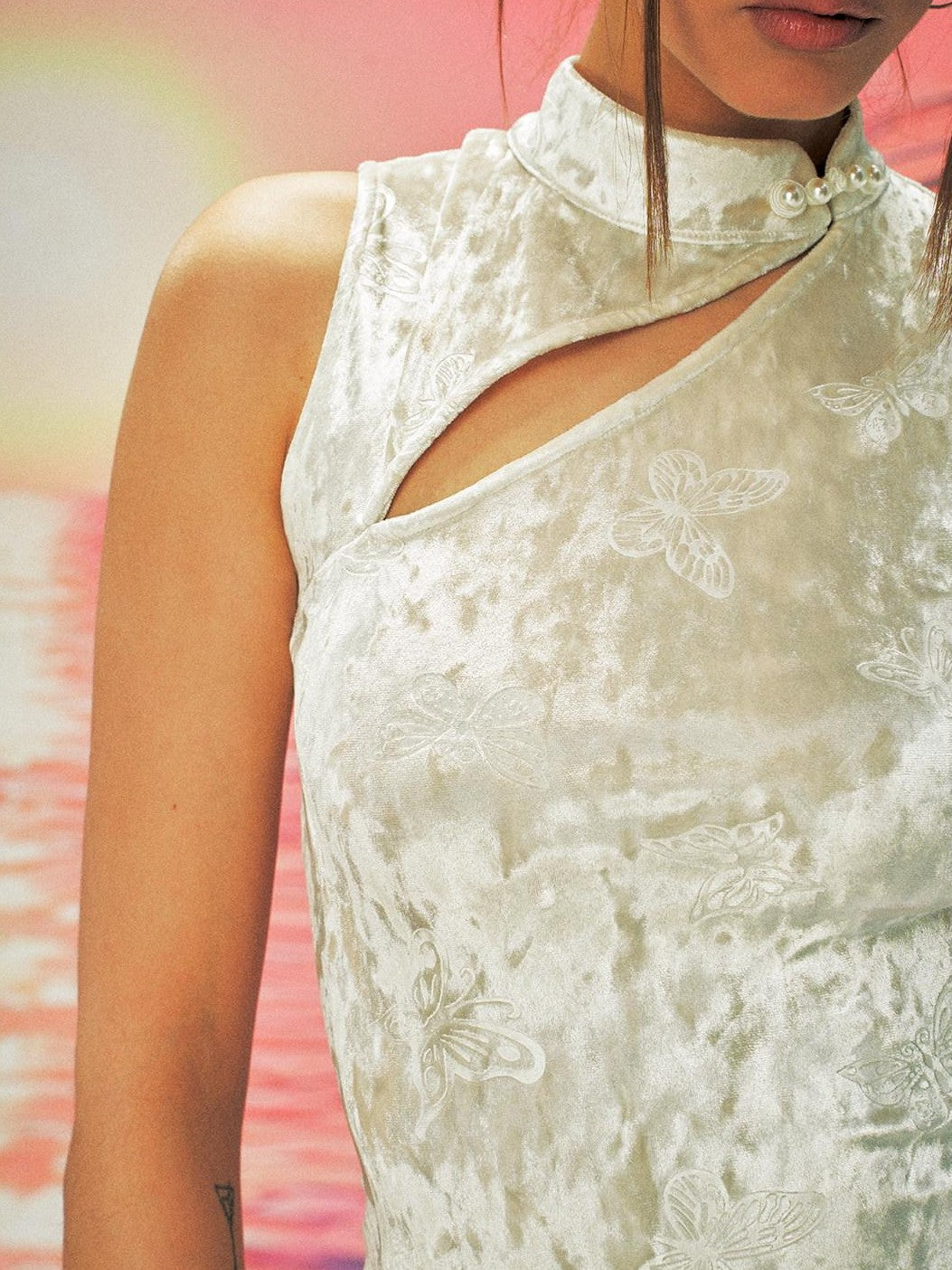 Anti Being General Silver Velvet Butterfly Print Sleeveless Bodycon Women&
