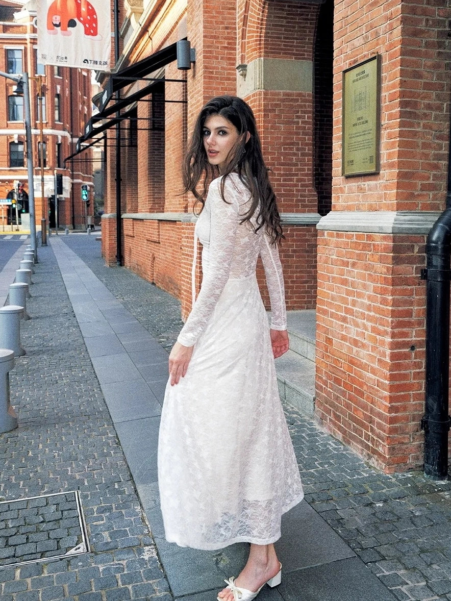 Anti Being General Slim Fit V-Neck Lace Trim Long Sleeve Dress Dresses