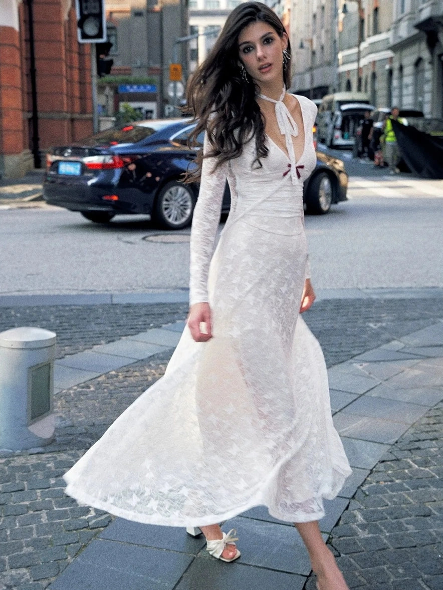 Anti Being General Slim Fit V-Neck Lace Trim Long Sleeve Dress Dresses