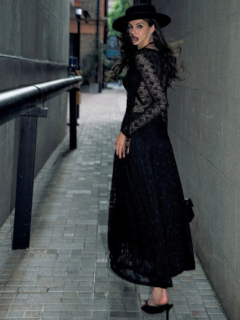 Anti Being General Slim Fit V-Neck Lace Trim Long Sleeve Dress Dresses