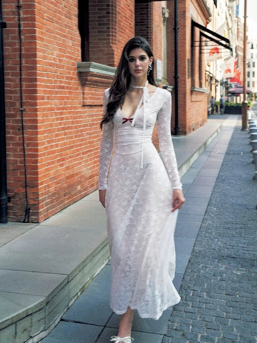 Anti Being General Slim Fit V-Neck Lace Trim Long Sleeve Dress Dresses