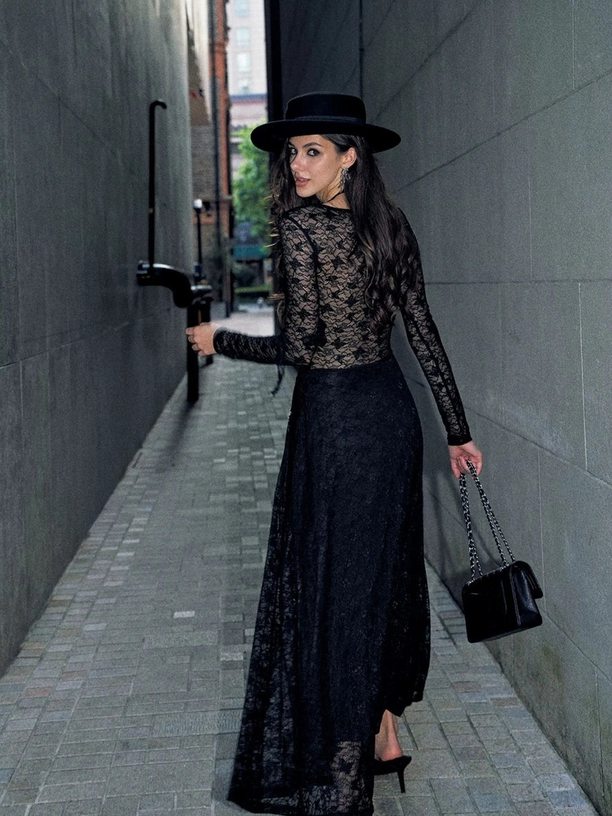 Anti Being General Slim Fit V-Neck Lace Trim Long Sleeve Dress Dresses