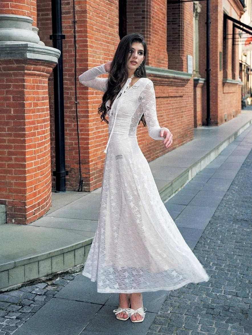 Anti Being General Slim Fit V-Neck Lace Trim Long Sleeve Dress Dresses