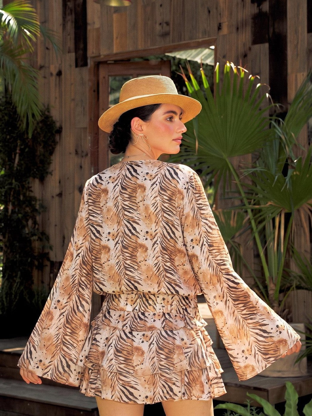 Anti Being General Tiger Print V-neck Open Front Retro Long Sleeve Women&