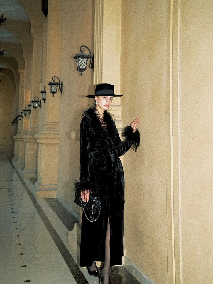 Anti Being General V-neck Belted Ostrich Feather Black Velvet Long Coat Coat