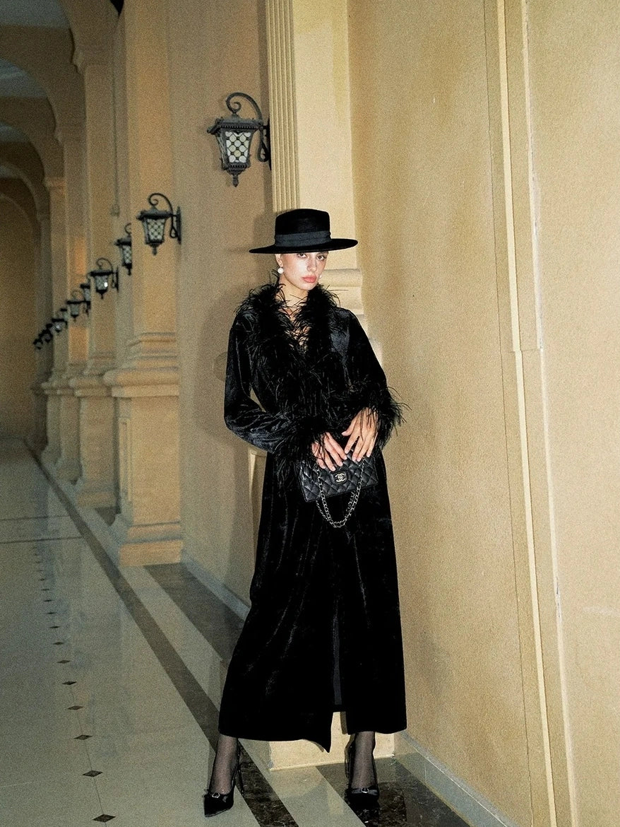Anti Being General V-neck Belted Ostrich Feather Black Velvet Long Coat Coat