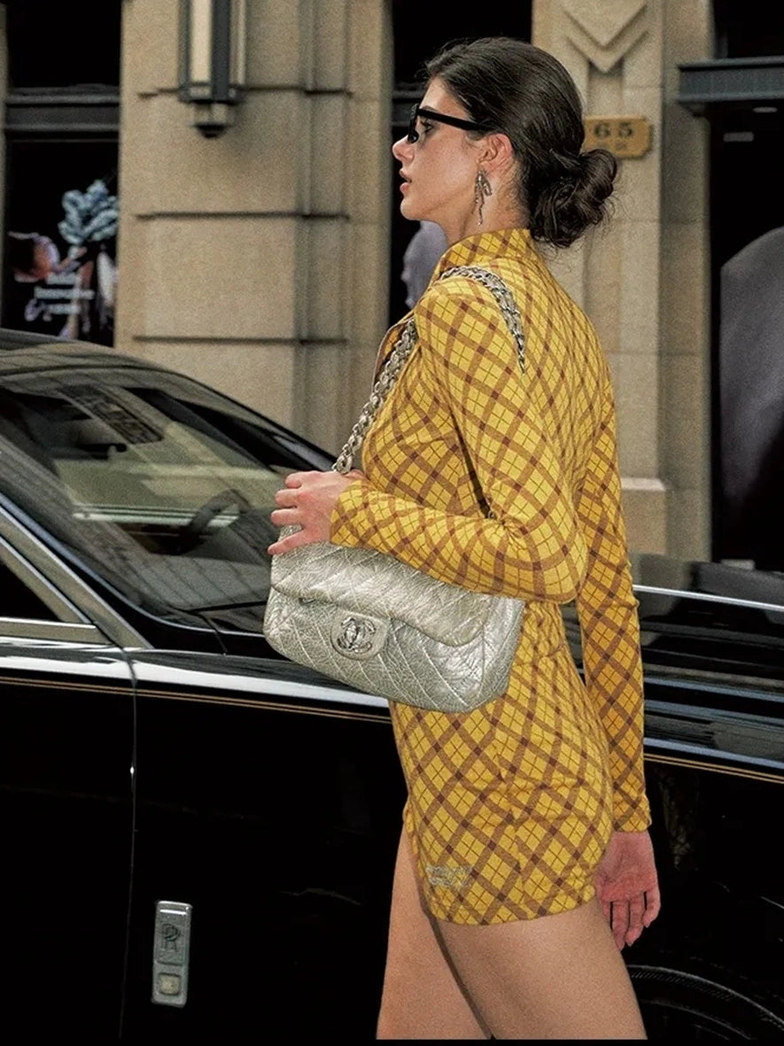 Anti Being General Vintage Plaid Cropped Cardigan Set V-neck T-shirt Long Sleeve Suits