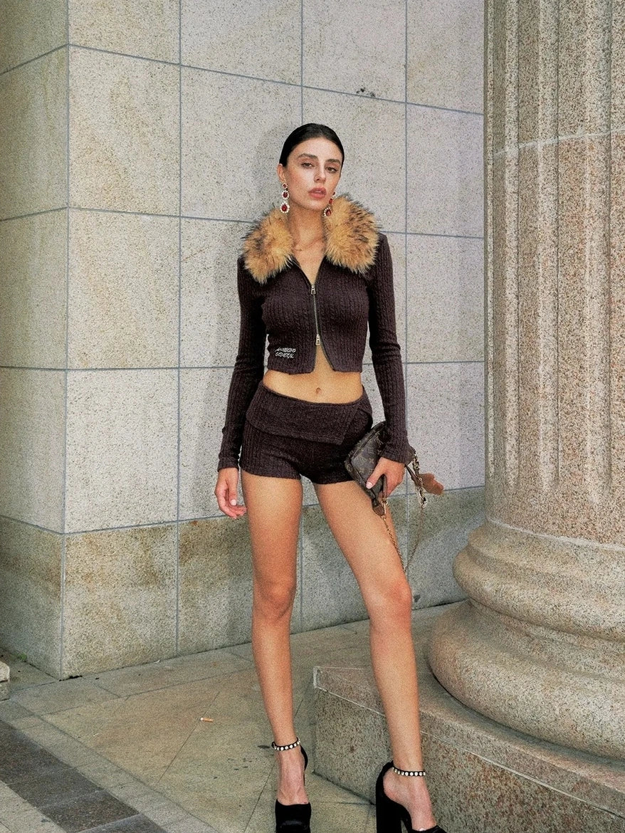 Anti Being General Vintage Punk Knit Set With Fox Fur Collar Suits