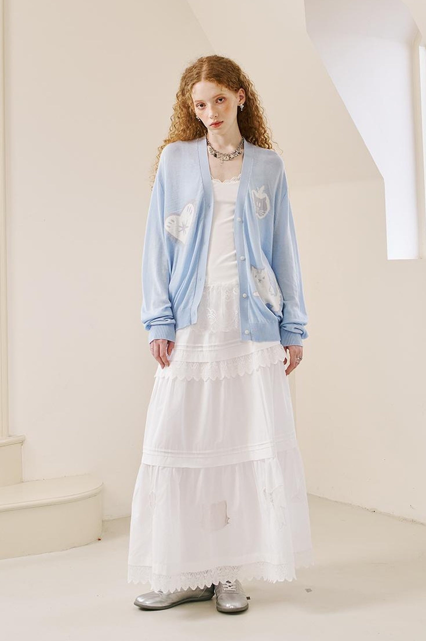 DIDDI MODA Apple Cat Print Lightweight Knit Cardigan