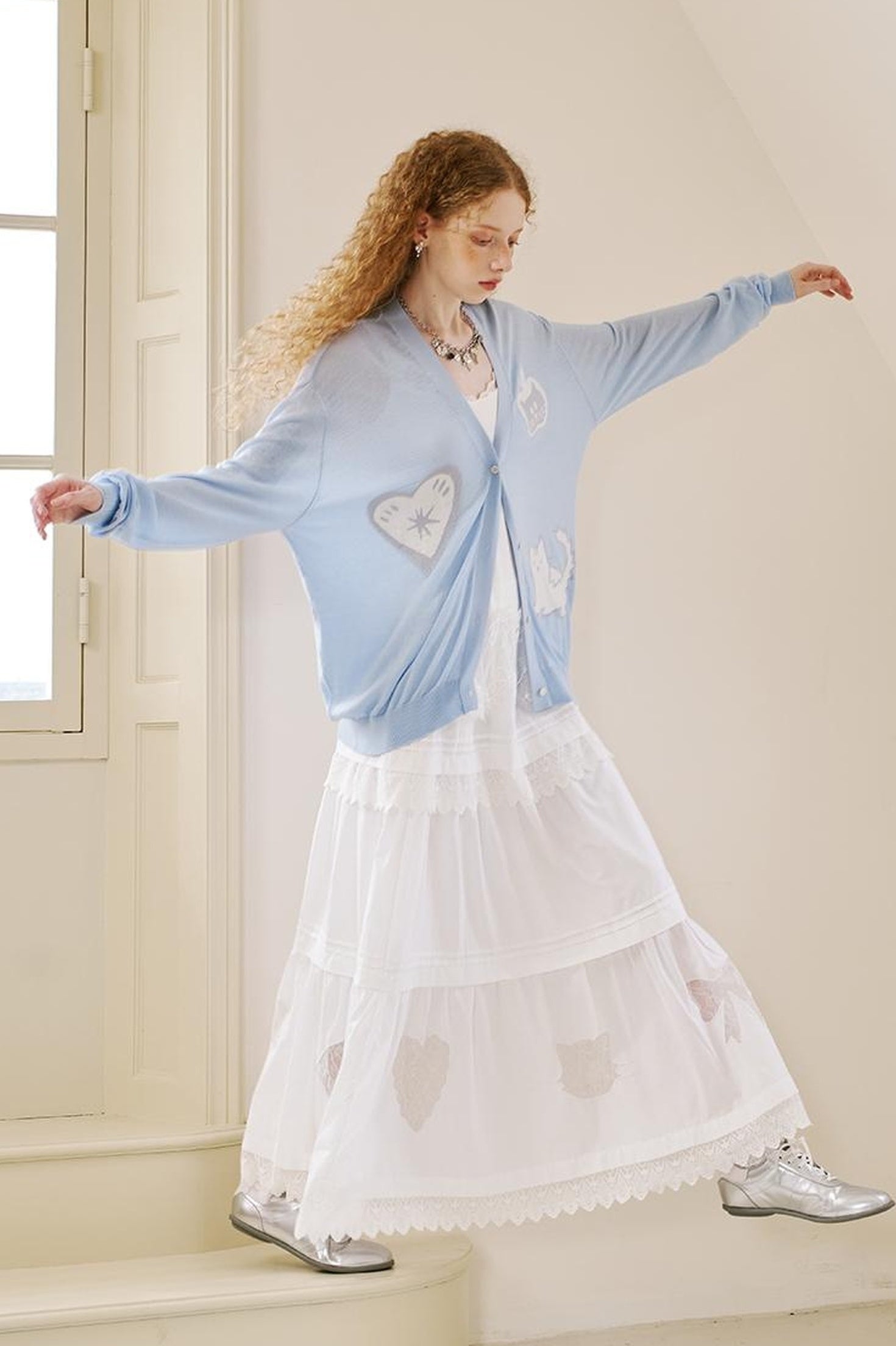 DIDDI MODA Apple Cat Print Lightweight Knit Cardigan