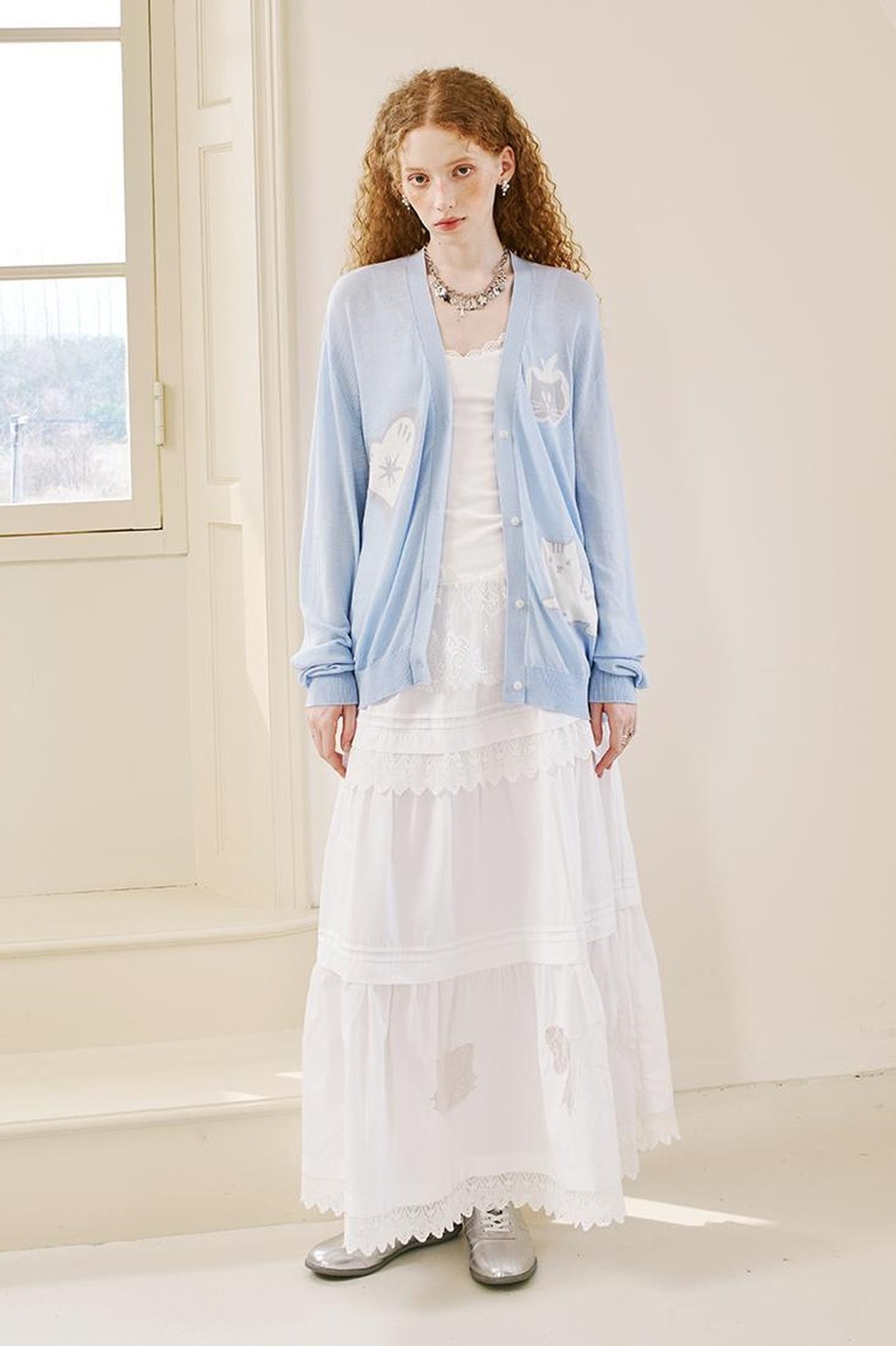 DIDDI MODA Apple Cat Print Lightweight Knit Cardigan