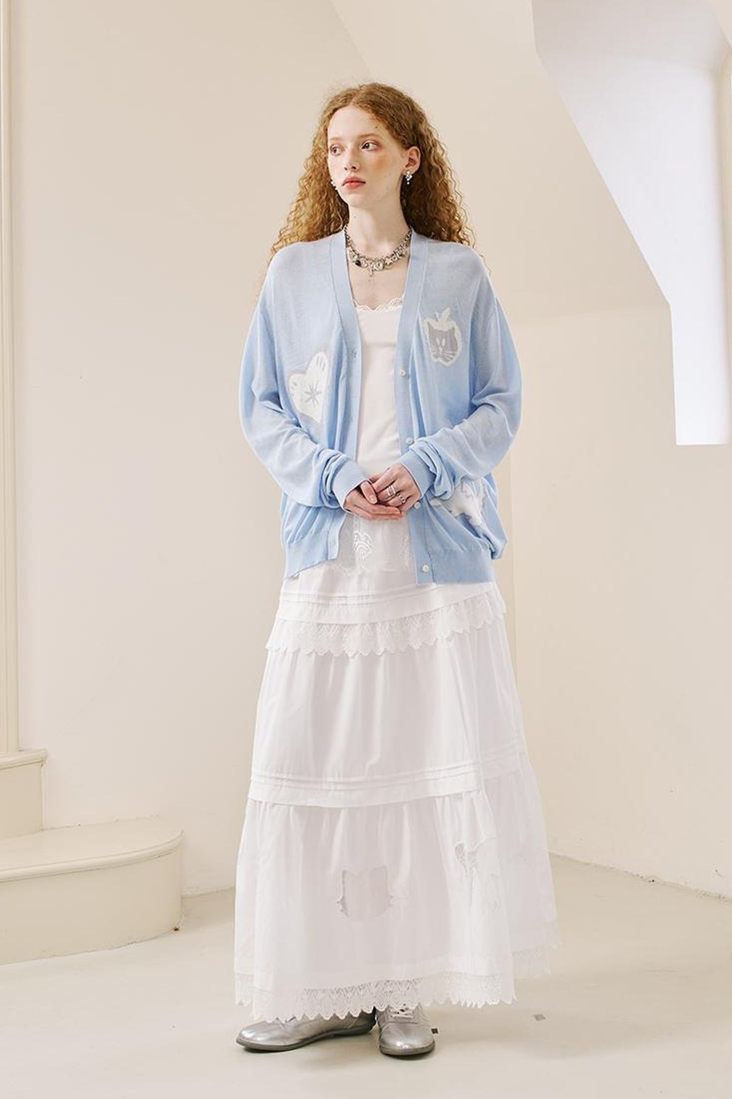 DIDDI MODA Apple Cat Print Lightweight Knit Cardigan