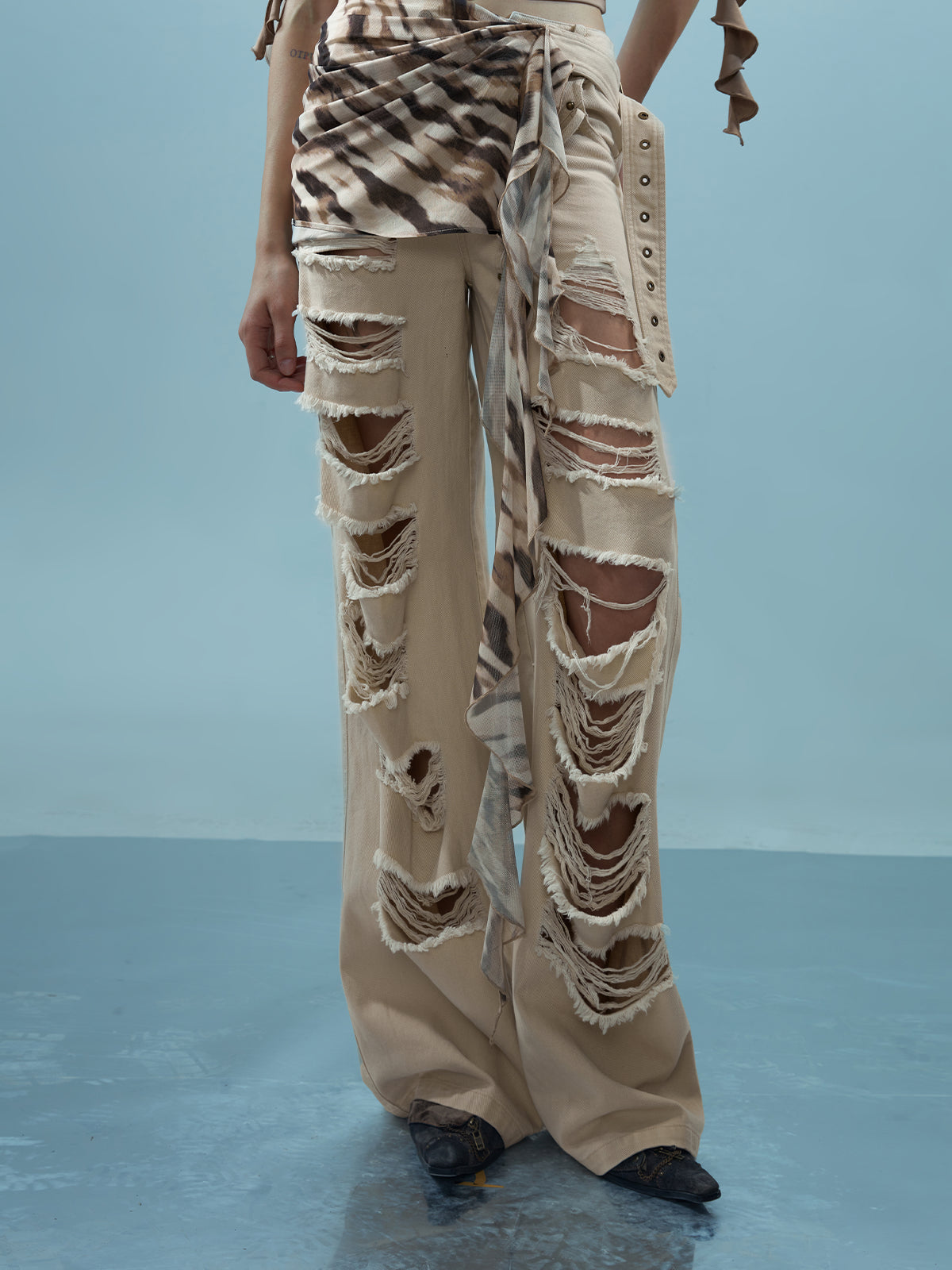 NN NORTH NODE Distressed Denim With Detachable Sheer Panel