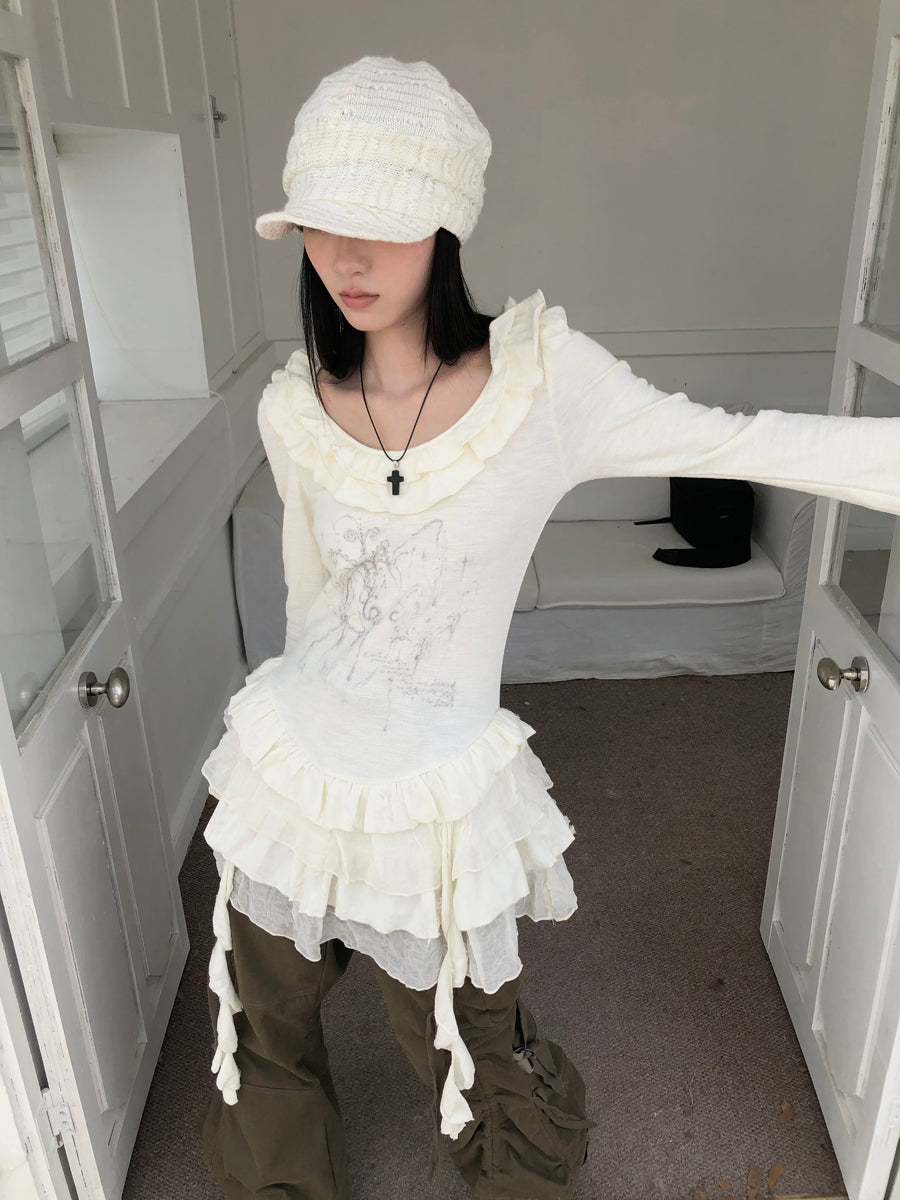 ang project Millennium Retro Niche Print Midi Hem Ruffle Sleeve Dress Tee Top