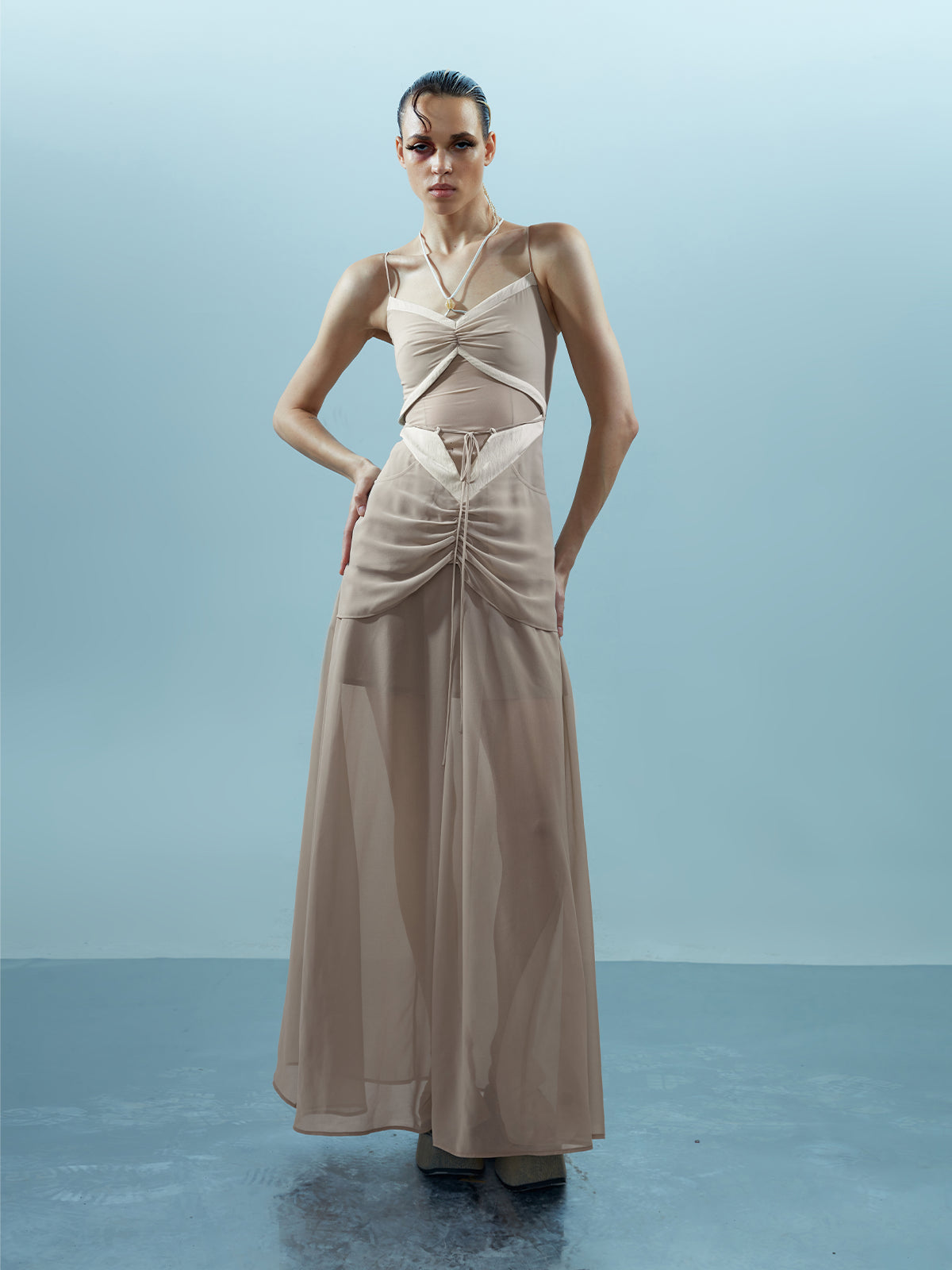 NN NORTH NODE Chiffon Gather Beaded Strap V-neck Dress