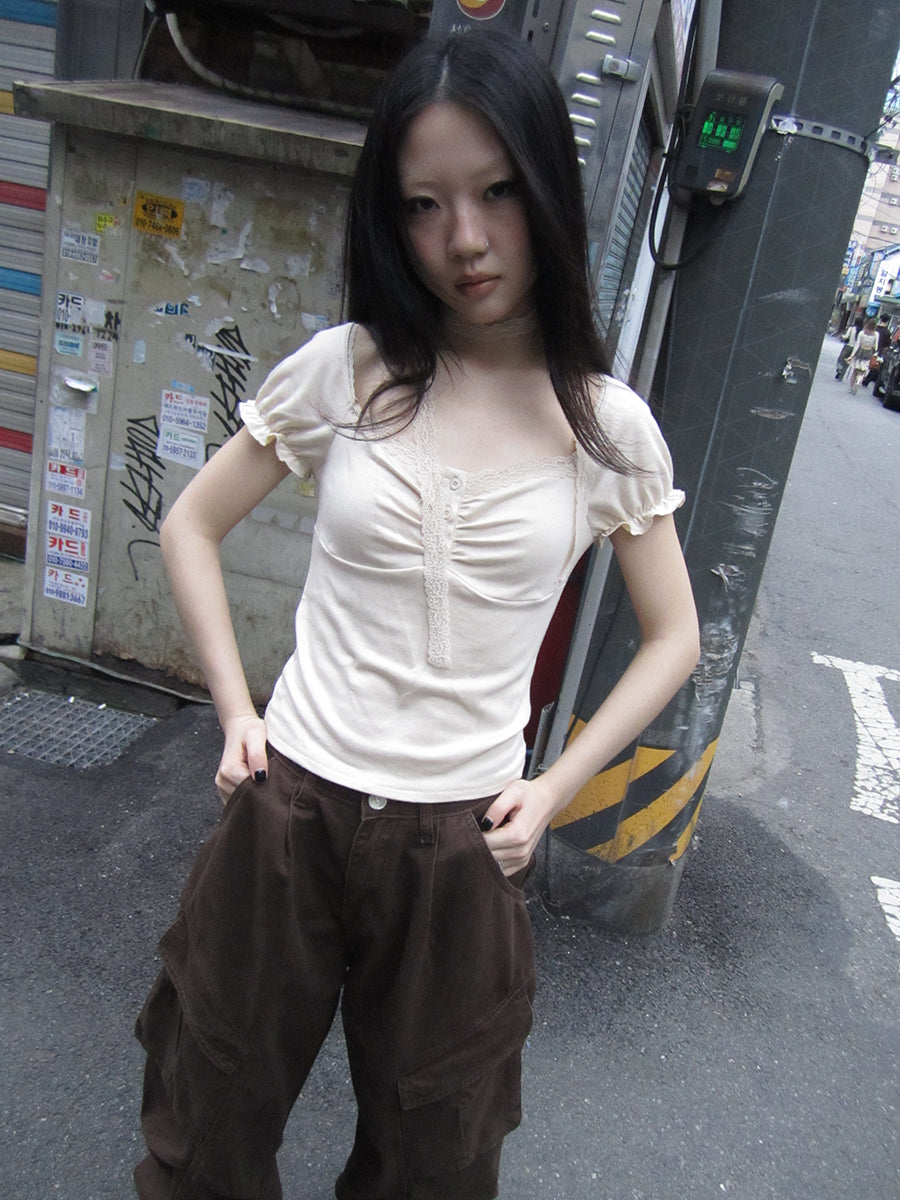 Updateang project Vintage Lace Trim Ruffled Button Detail Slim Fit Tee With Scarf