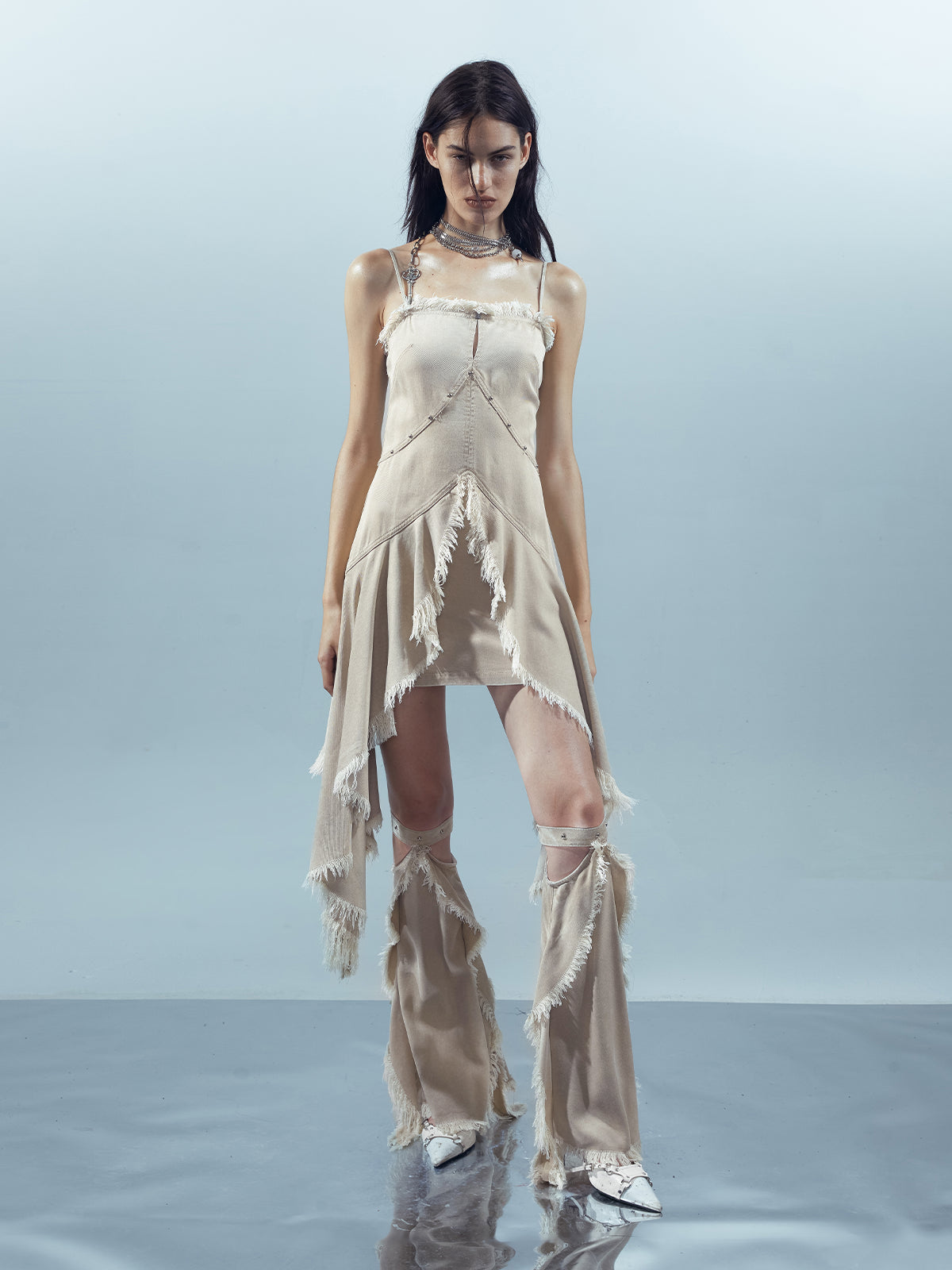 UpdateNN NORTH NODE Lacewelt Raw Edge Layered Slip Dress V-neck